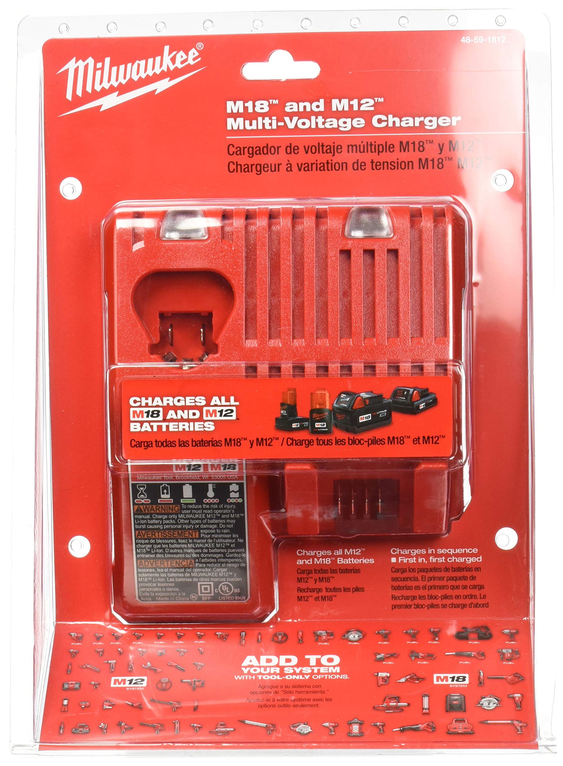 Milwaukee 48-59-1812 M12 oder M18 18V und 12V Lithium-Ionen-Multispannungs-Ladegerät mit integrierter Füllstandsanzeige