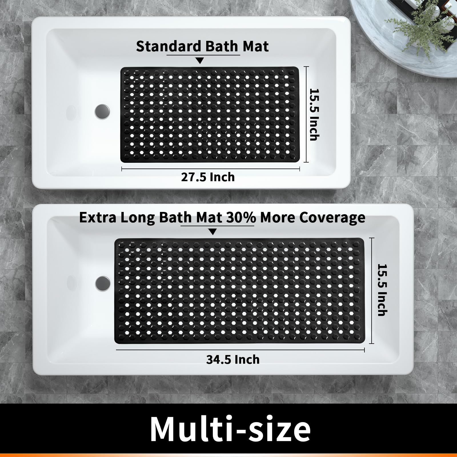 Yimobra Bath Tub Mat Non Slip, 34.5"x15.5" Long Shower Mat, Machine Washable Bathmat with Drain Holes and Suction Cups, Soft on Feet, Bathroom Essentials, Black