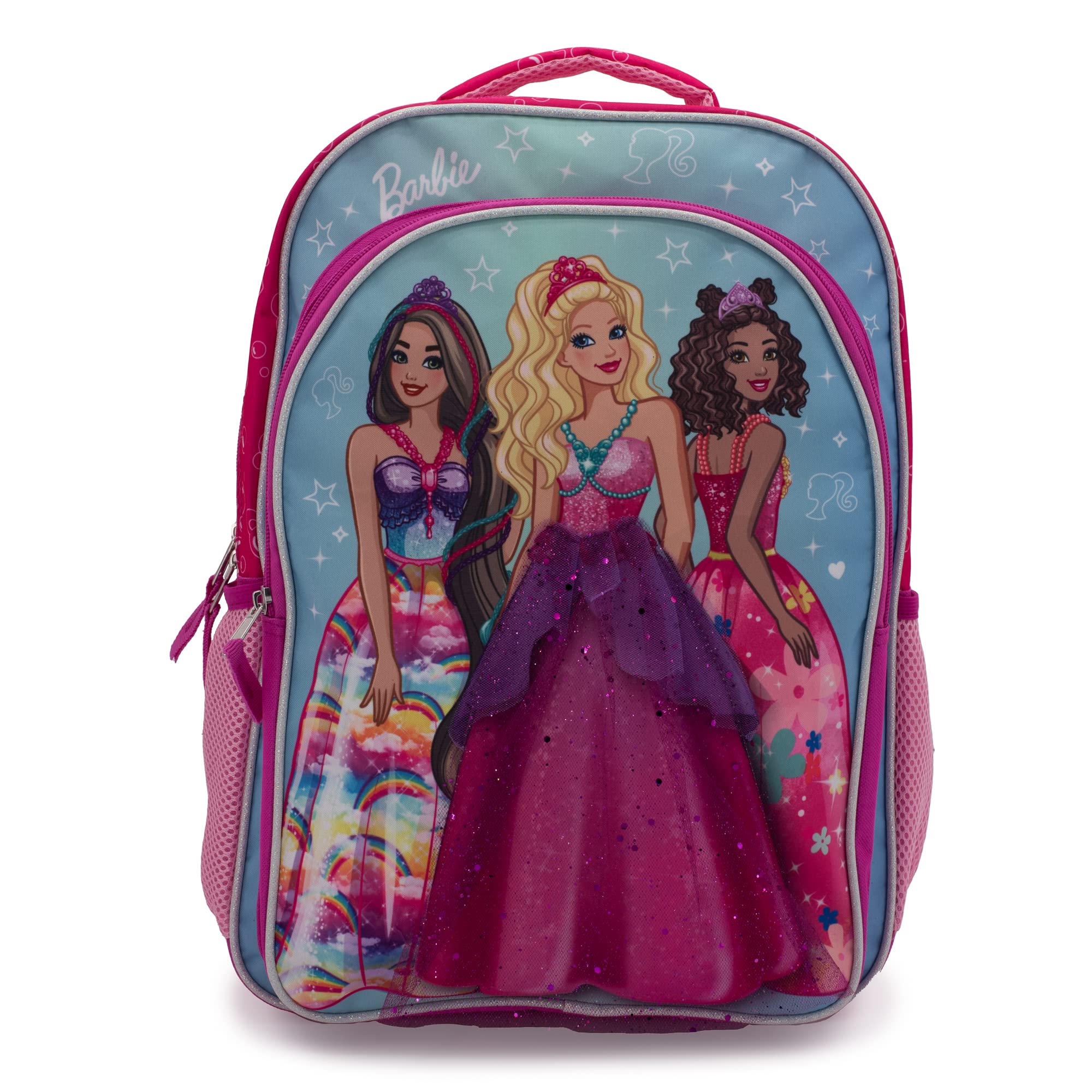 Barbie & Friends Cosplay Backpack, Girls Bookbag with Adjustable Shoulder Straps & Padded Back, 16" School Bag w/3D Skirt and Metallic Fabric Tiara.