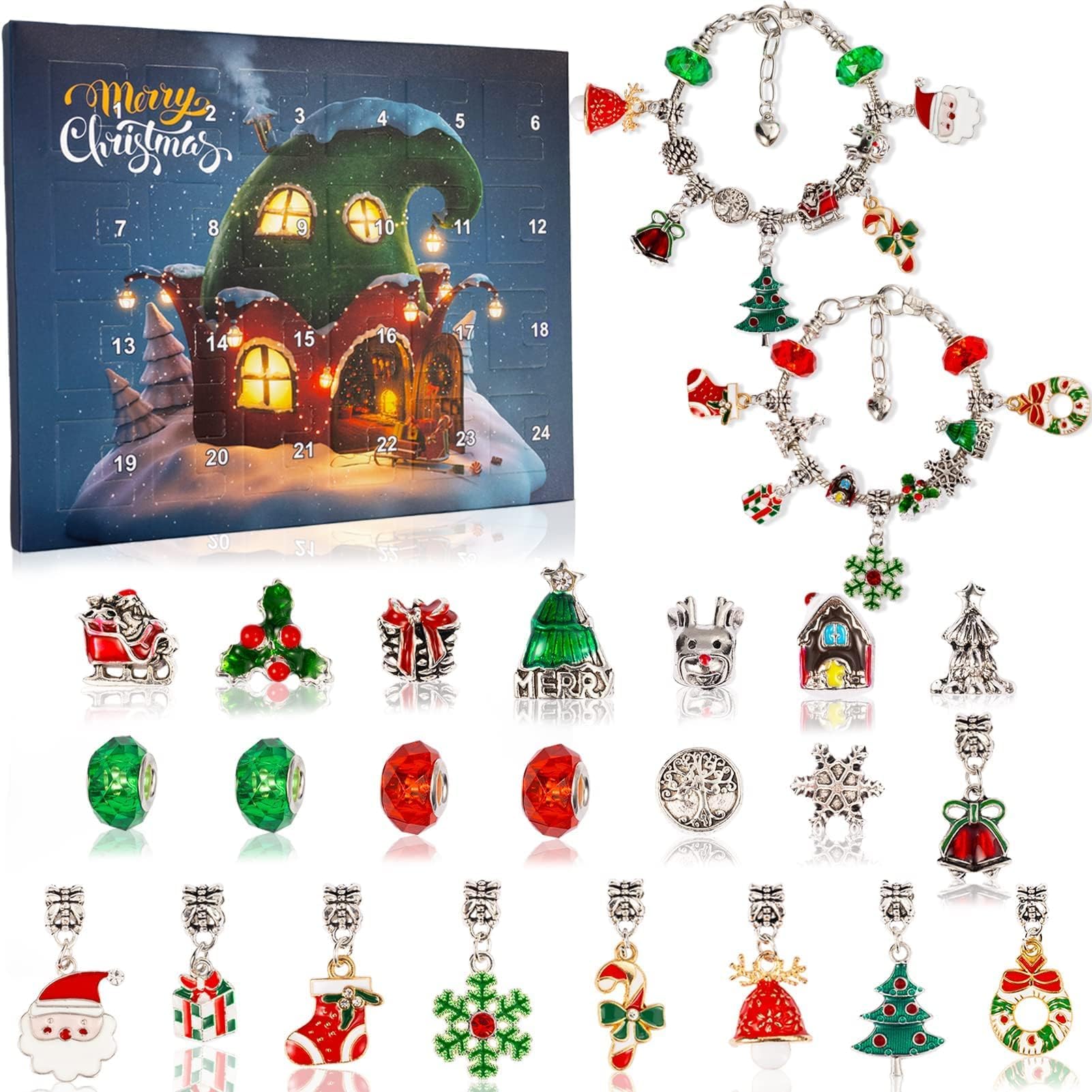 Christmas Advent Calendar Bracelets 2025 for Girls 24 Days Xmas Countdown Calendar DIY Jewelry Making Kit Gift 22 Charm Beads 2 Bracelets for Kids Teens Women