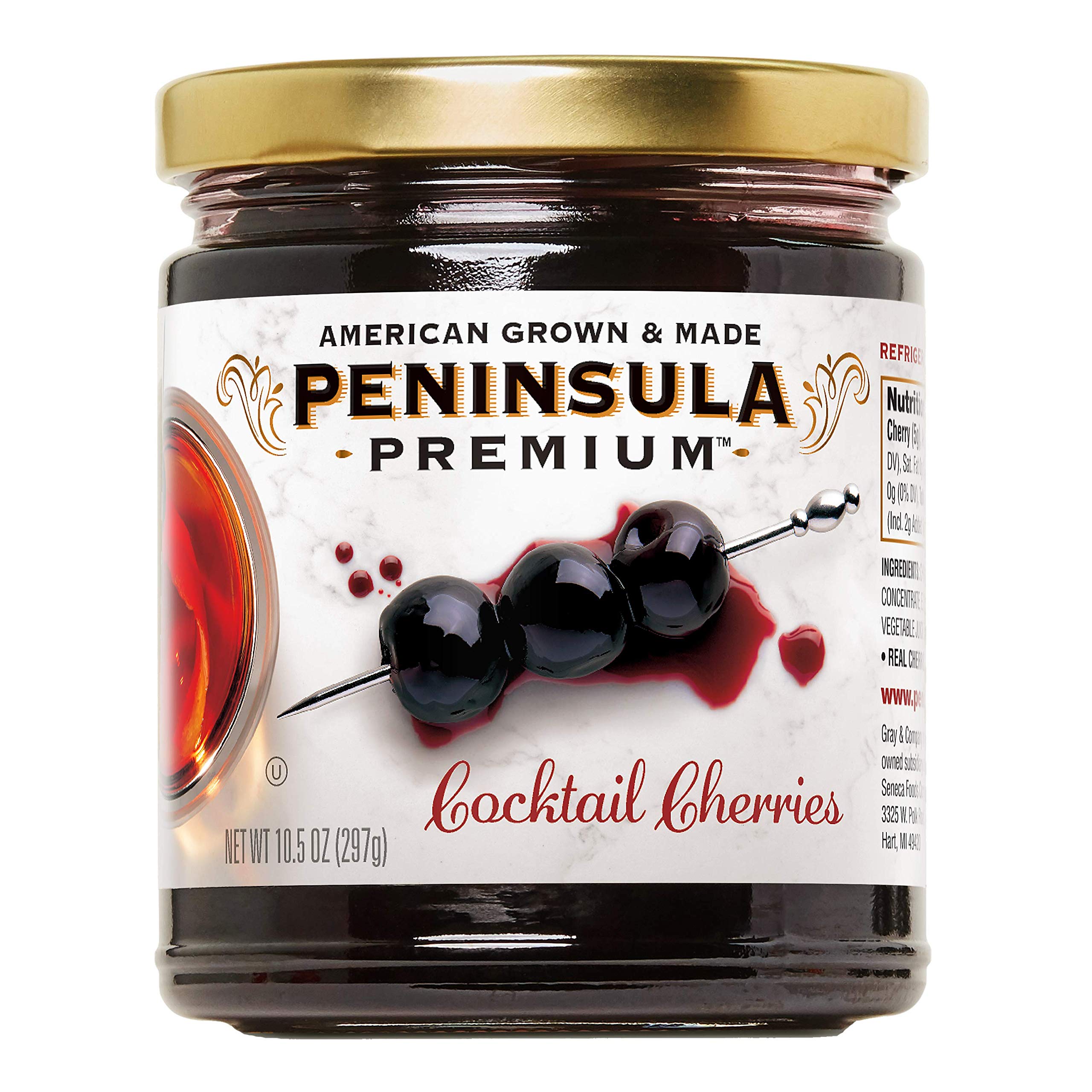Peninsula Premium Cocktailkirschen | Preisgekrönt | Tief Burgunderrot | Seidig glatter, reichhaltiger Sirup | Luxuriös fruchtig, süß-säuerlich im Geschmack | Gourmet | Amerikanisch angebaut & hergestellt | 10,5 Unzen