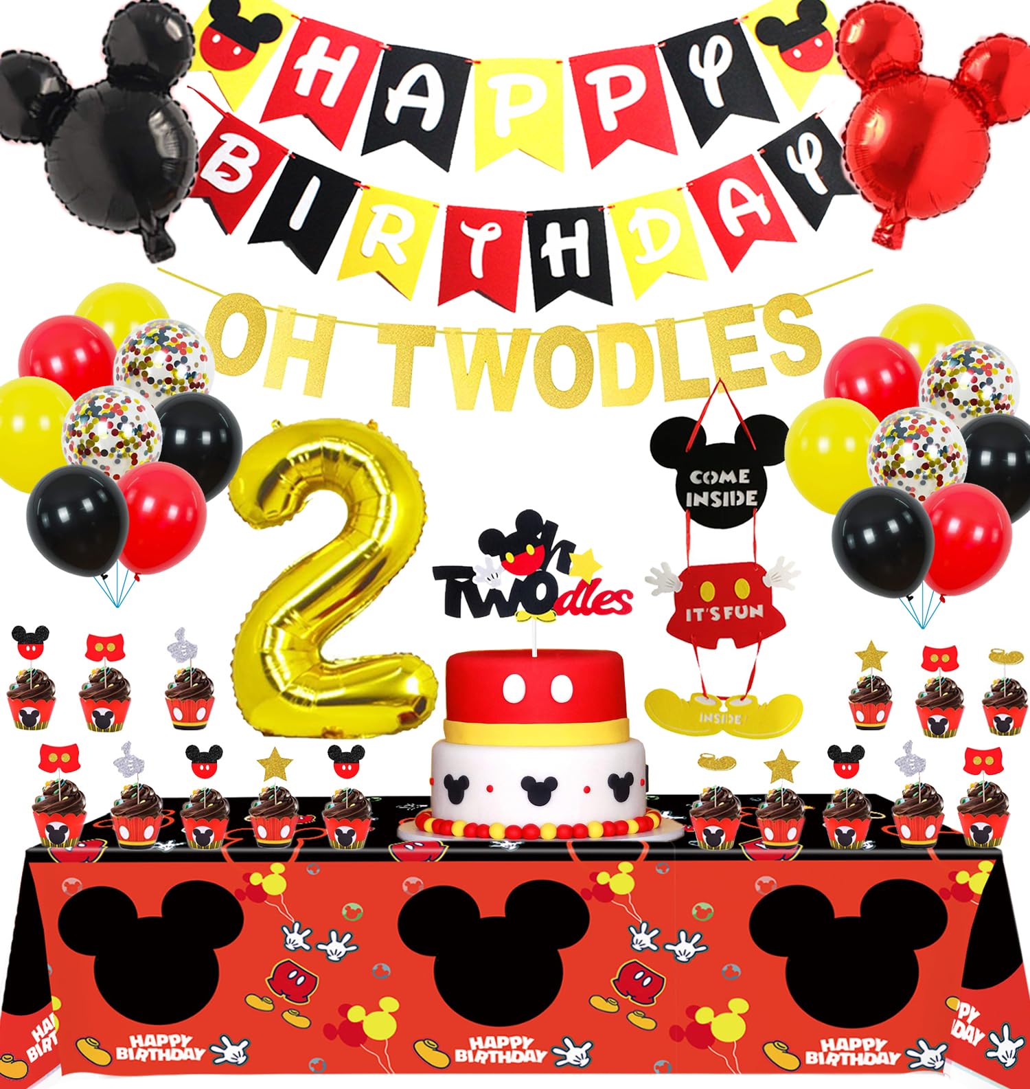 مستلزمات حفلة عيد الميلاد الثاني لميكي ماوس، زينة حفلة ثيم "Oh Twodles" تتضمن لافتة لباد، علامة تعليق ترحيب للباب، مفرش طاولة، زينة كب كيك وكيك، بالونات رأس ميكي، 12 بالون لاتكس