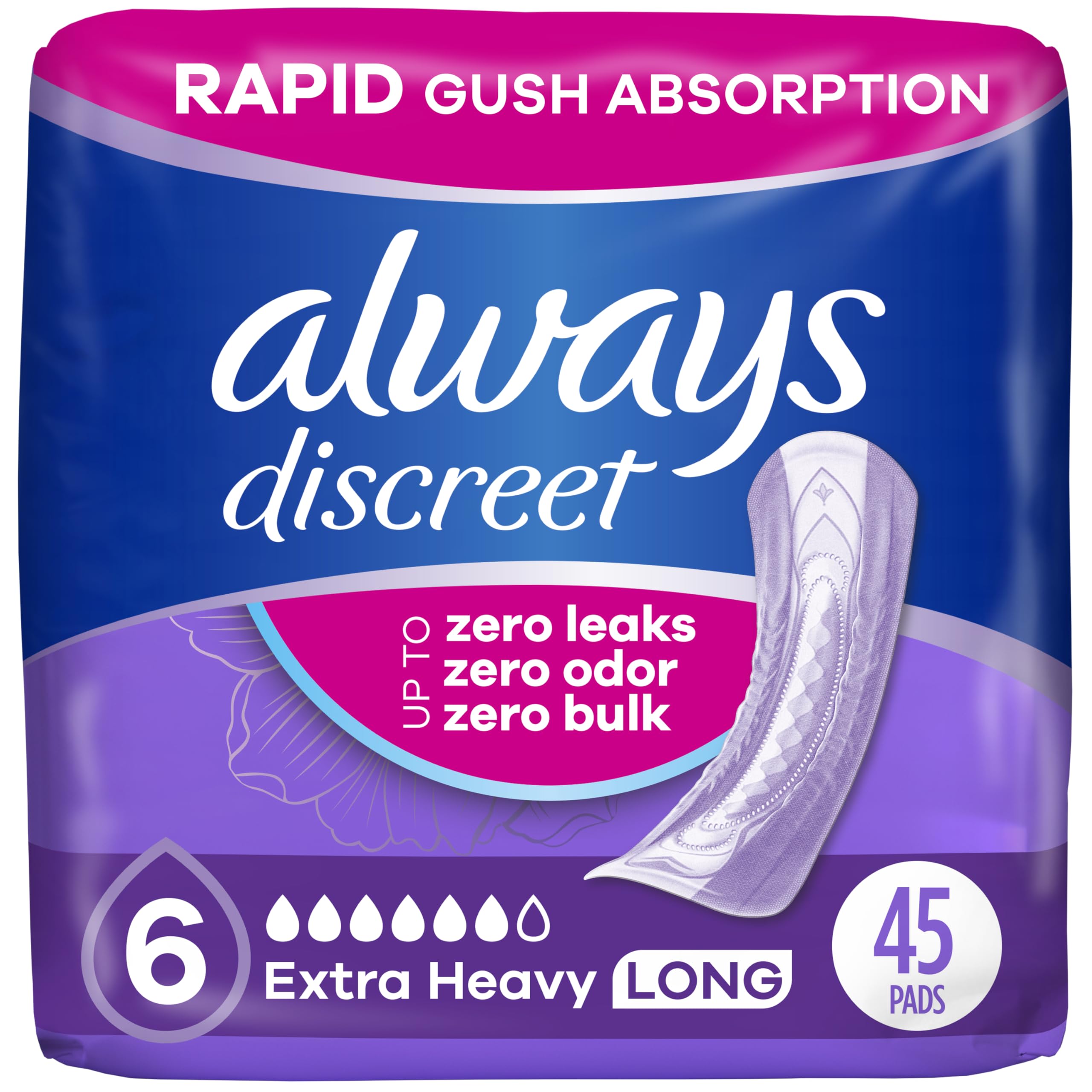 Always Discreet Adult Incontinence Pads for Women, Extra Heavy Absorbency, Long Length, Postpartum Pads, 45 Count