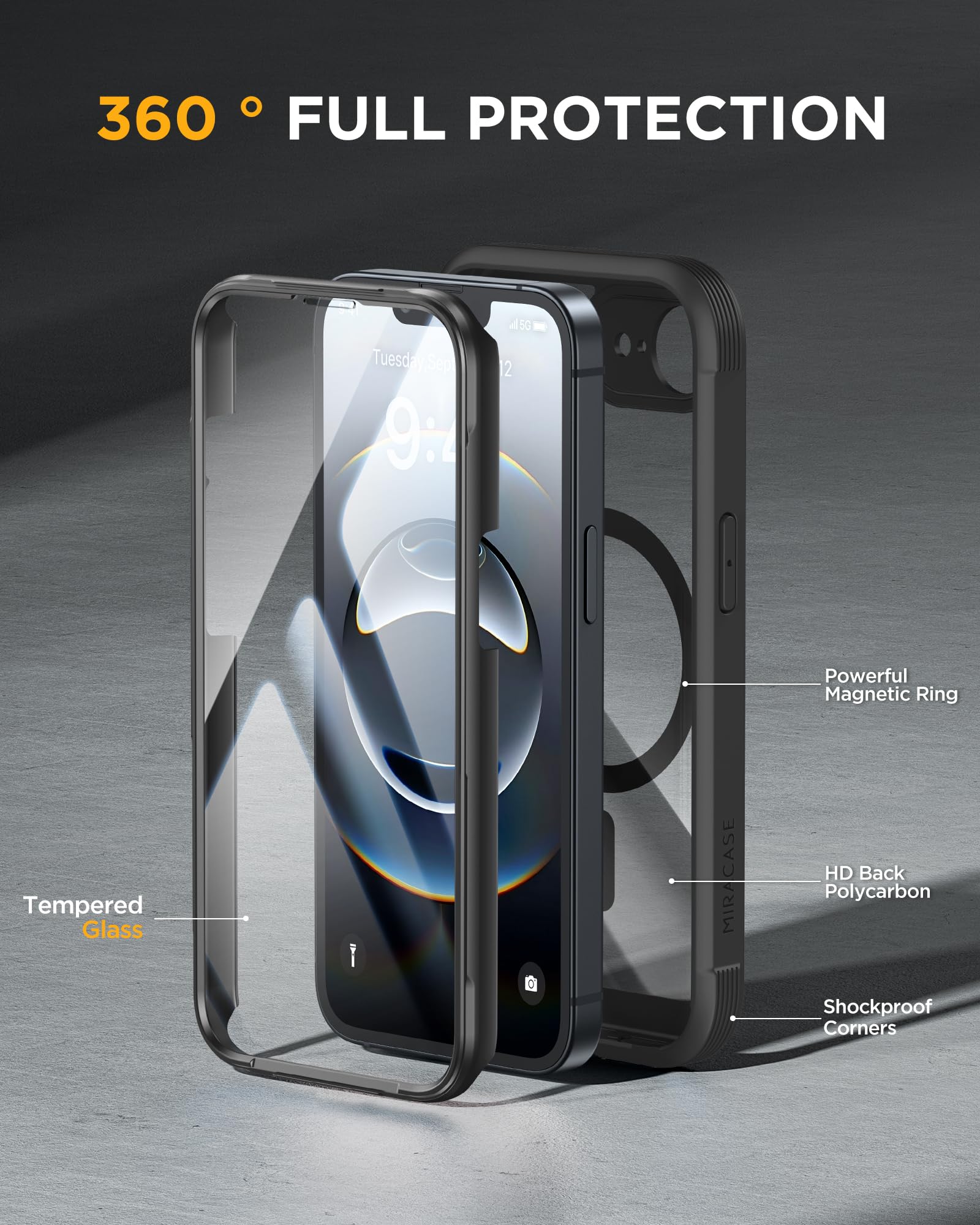 Miracase Magnetic for iPhone 16e Case Full-Body Phone with Built-in Glass Screen Protector, [Compatible with MagSafe] Military Drop Proof 16 E Cover Bumper 6.1 inch, Black