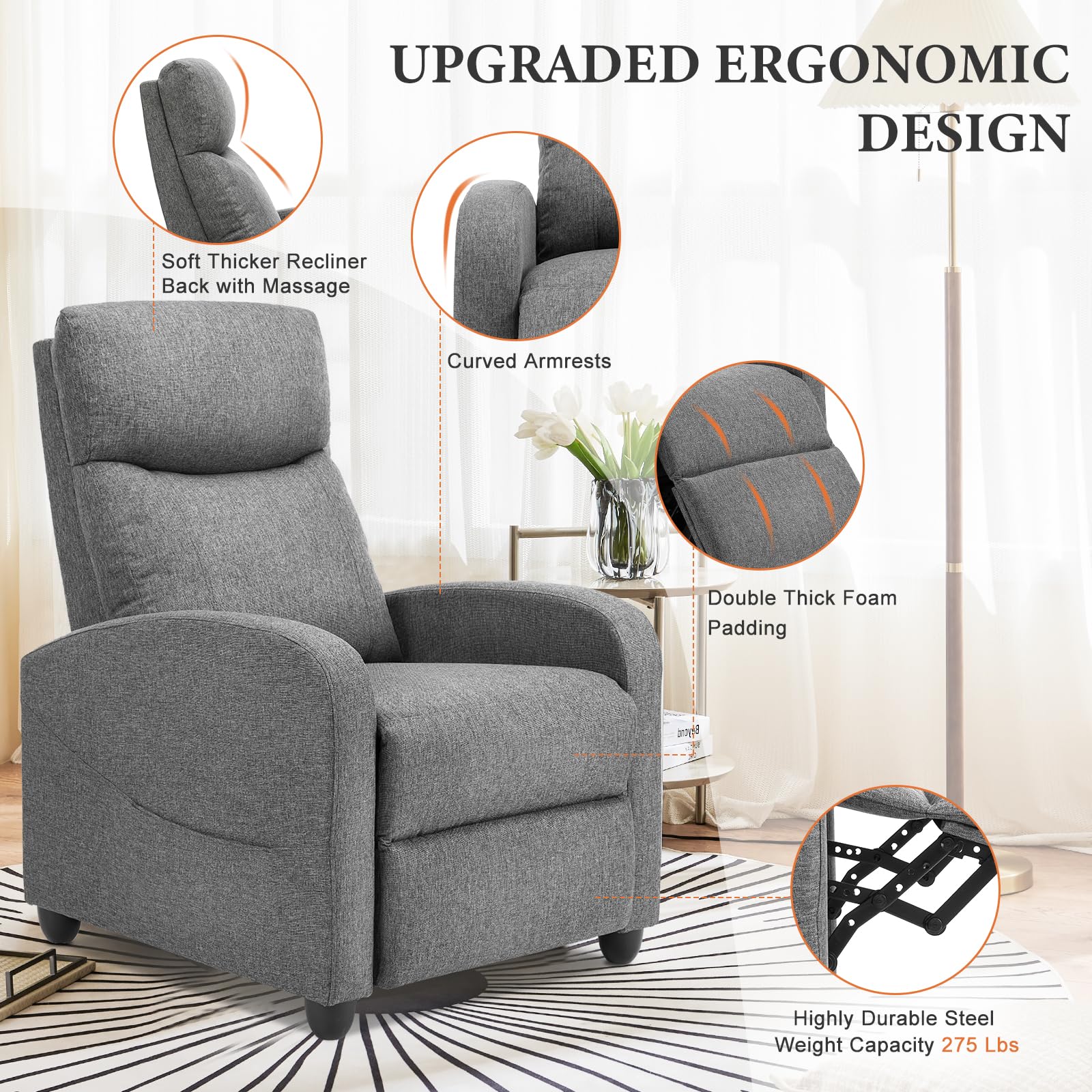 Sweetcrispy Massage Recliner Chair for Adults, Adjustable Home Theater Seating with Lumbar Support, Small Recliners for Small Spaces, Dark Grey