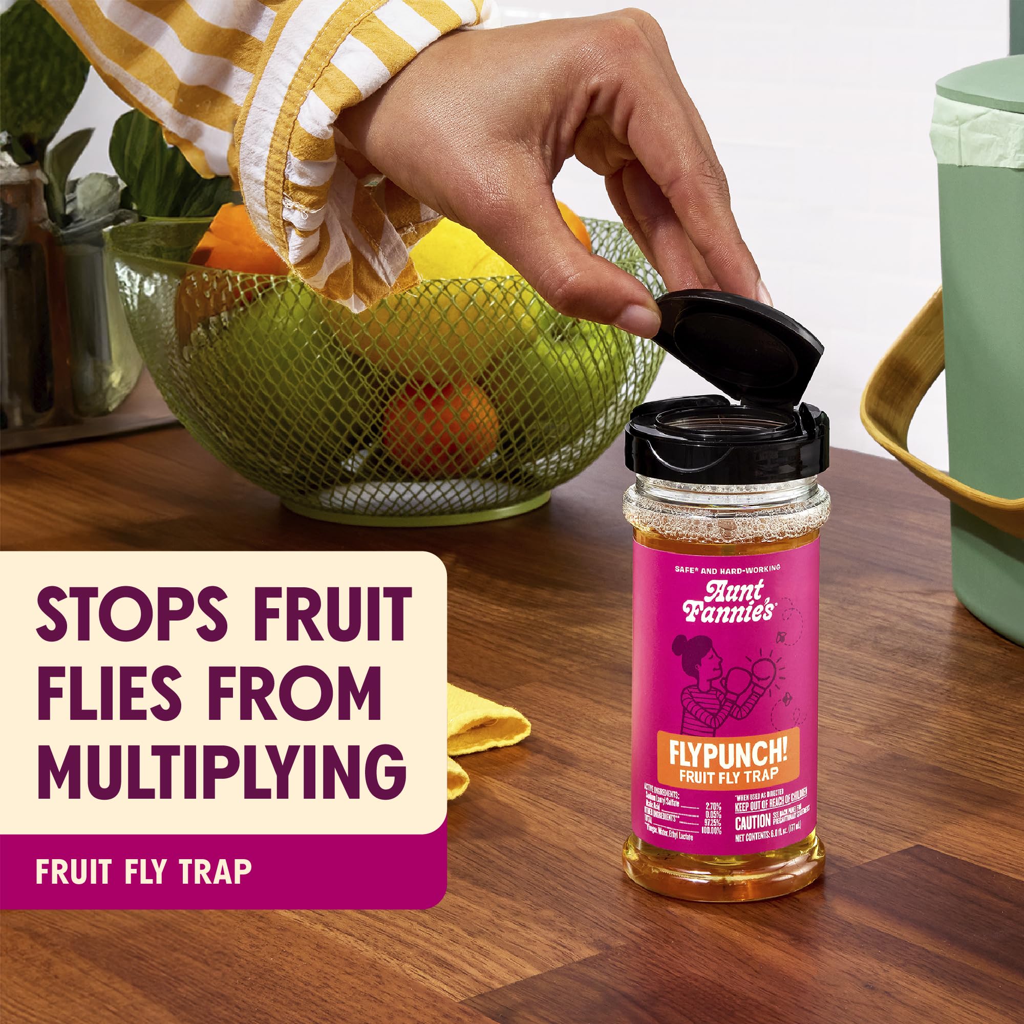 Aunt Fannie's FlyPunch Fruit Fly Trap for Indoor and Kitchen Use, Ready to Use, Made with Plant Based Ingredients, Safe Near Food, Each Bottle Lasts Up to 30 Days, Pack of 1