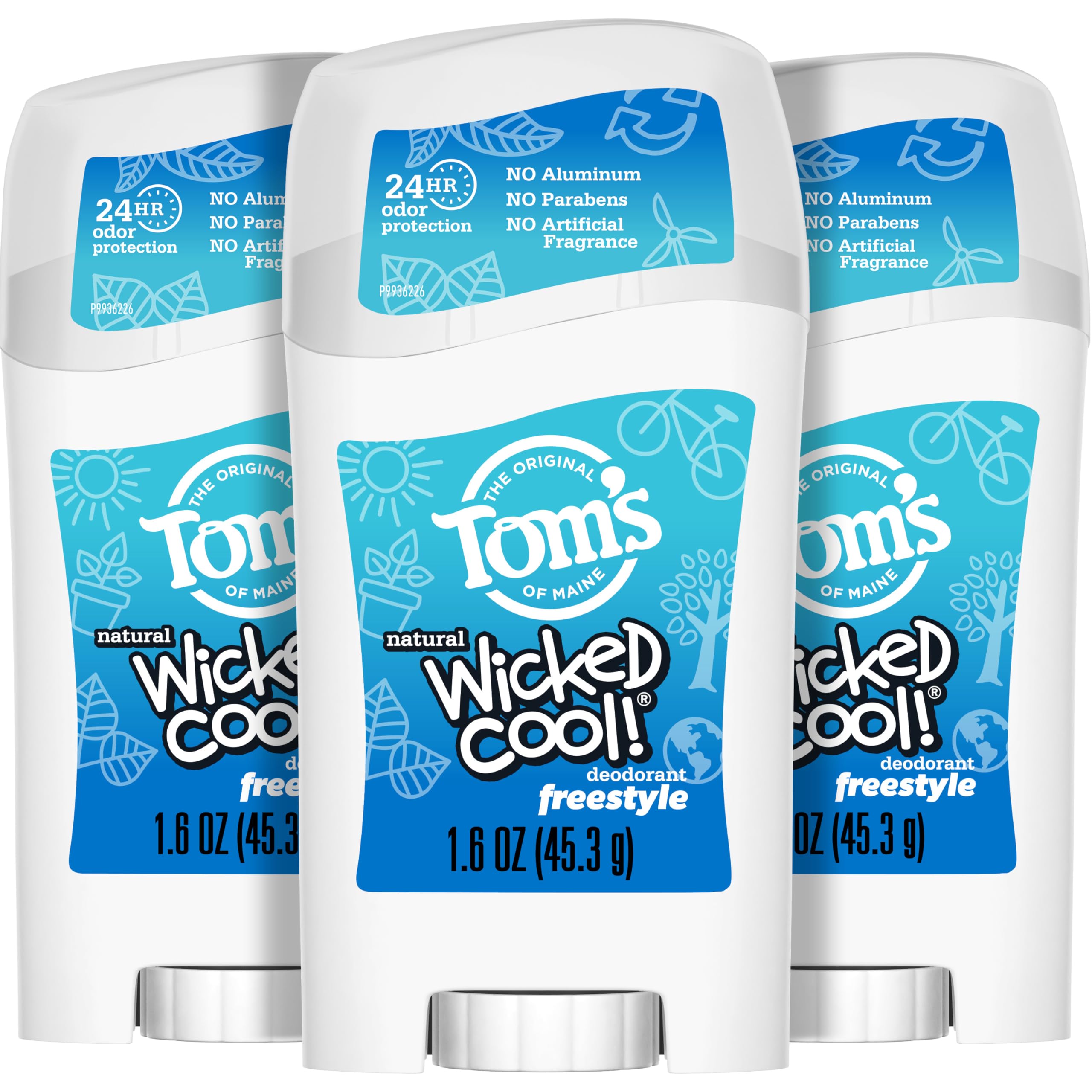 Tom's of Maine Freestyle Wicked Cool! Natural Deodorant for Tweens, Aluminum Free Deodorant Stick, 1.6 oz (3 Pack)
