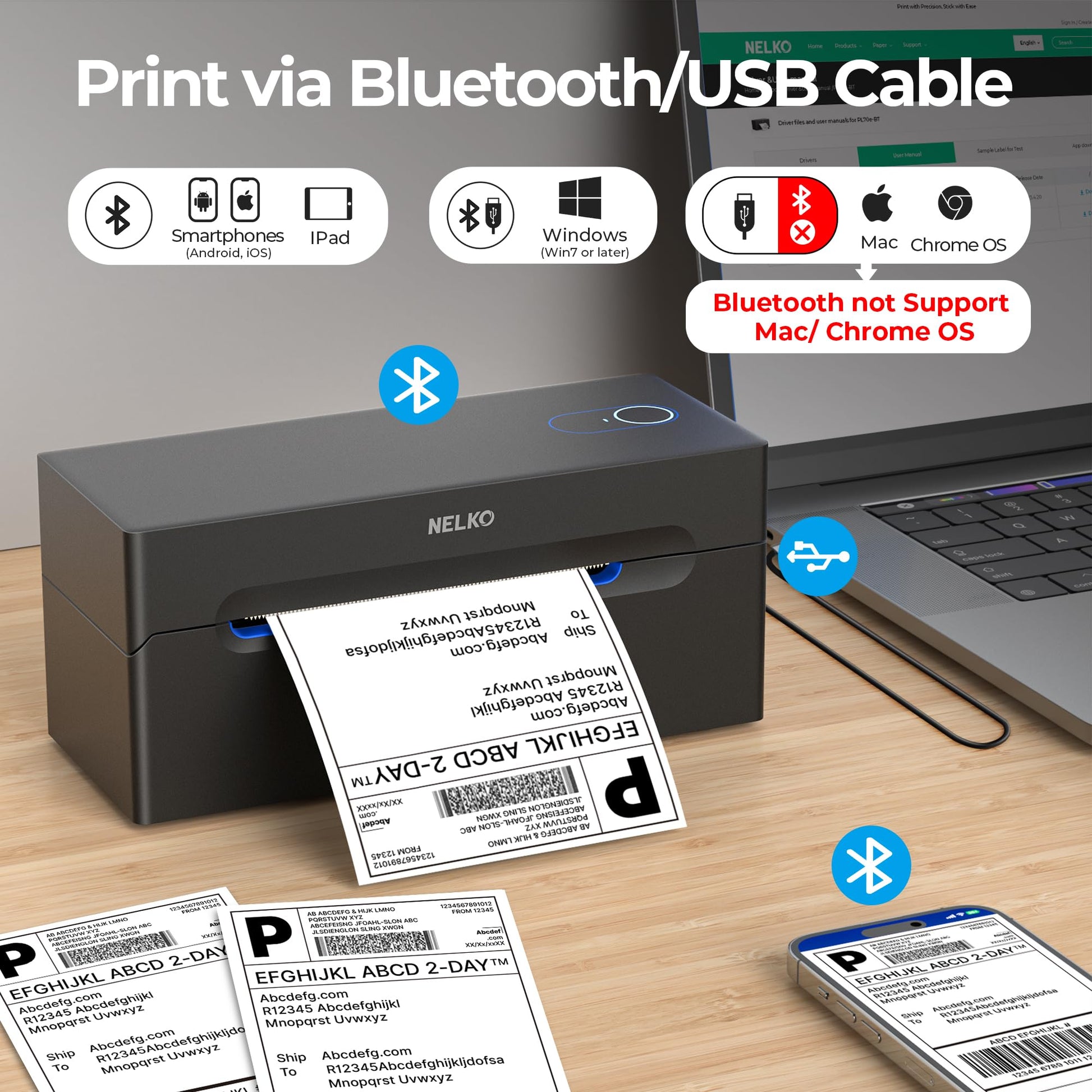 Nelko Bluetooth Thermal Shipping Label Printer, Wireless 4x6 Shipping Label Printer for Shipping Packages, Support Android, iPhone and Windows, Widely Used for Amazon, Ebay, Shopify, Etsy, USPS