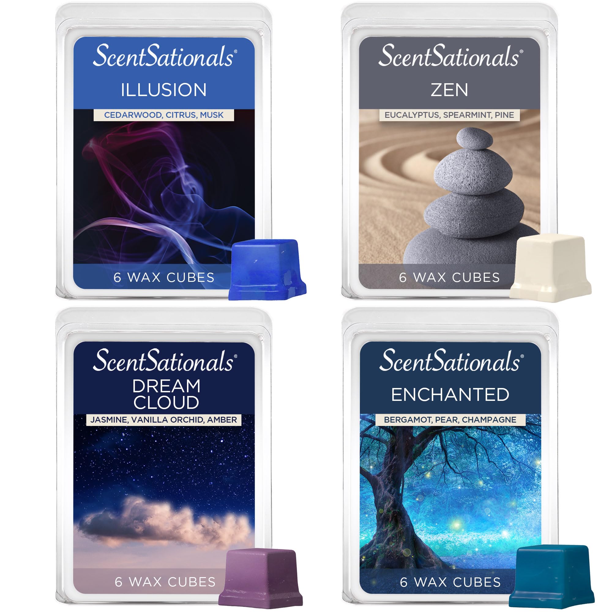 Scentsationals Wax Melts Moodscapes – Tranquility 4er-Pack – Langanhaltende Wachswürfel mit starkem Duft für Duftlampen – Enthält Zen, Illusion, Enchanted & Dream Cloud – 283g (24 Würfel)