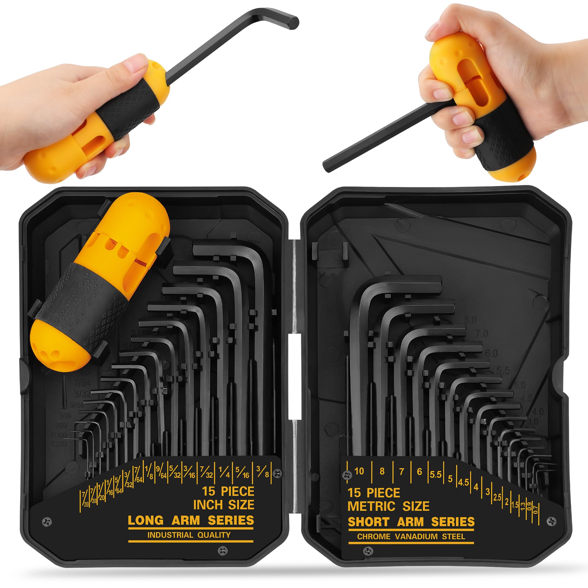 31-teiliges Innensechskantschlüssel-Set – Inbusschlüsselsatz, zöllische und metrische Inbusschlüssel MM (0,7mm-10mm) SAE (0,028"-3/8), wärmebehandelt, Drehmomentgriff, hohe Hebelwirkung, lange & kurze Schlüssel, einfache Organisation