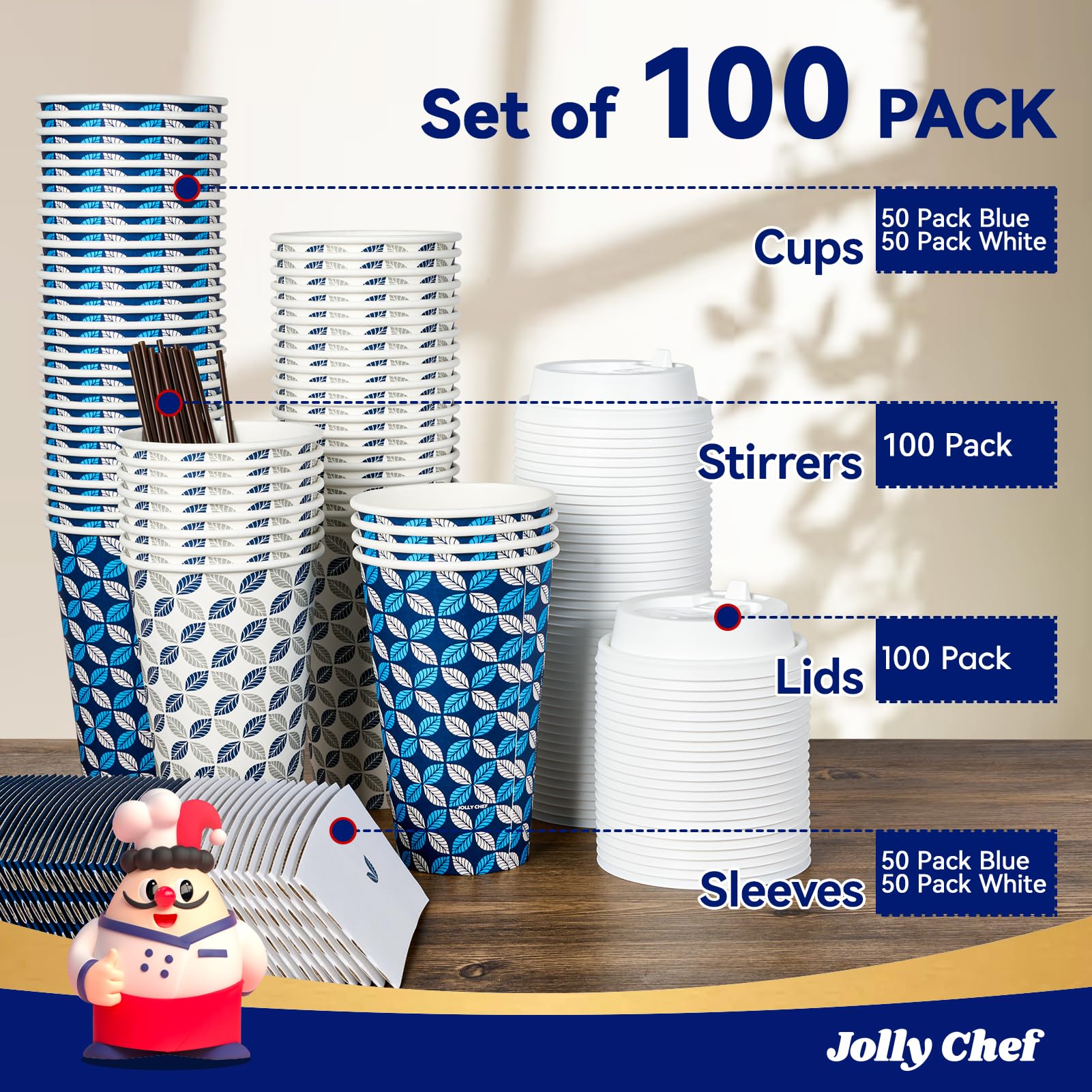 JOLLY CHEF 16 oz Coffee Cups with Lids 100 Pack, Disposable Hot Paper Coffee Cups with Lids, Sleeves and Stirrers (Blue Leaf and Grey Leaf)
