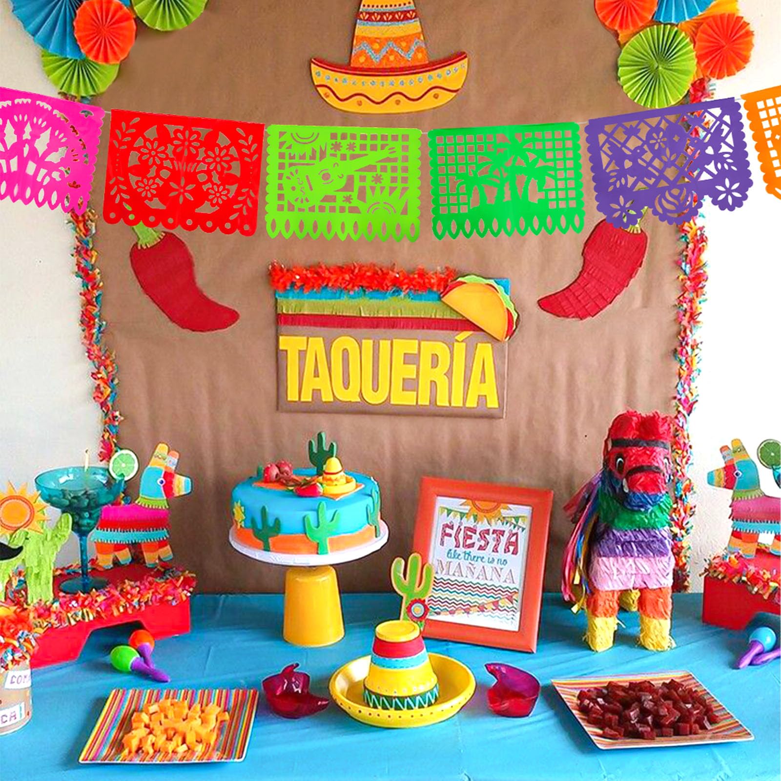 DomeStar Mexican Party Decoration, 18 Feet Plastic Papel Picado Fiesta Banner Cinco de Mayo Garland for Mexican Birthday Party Supplies