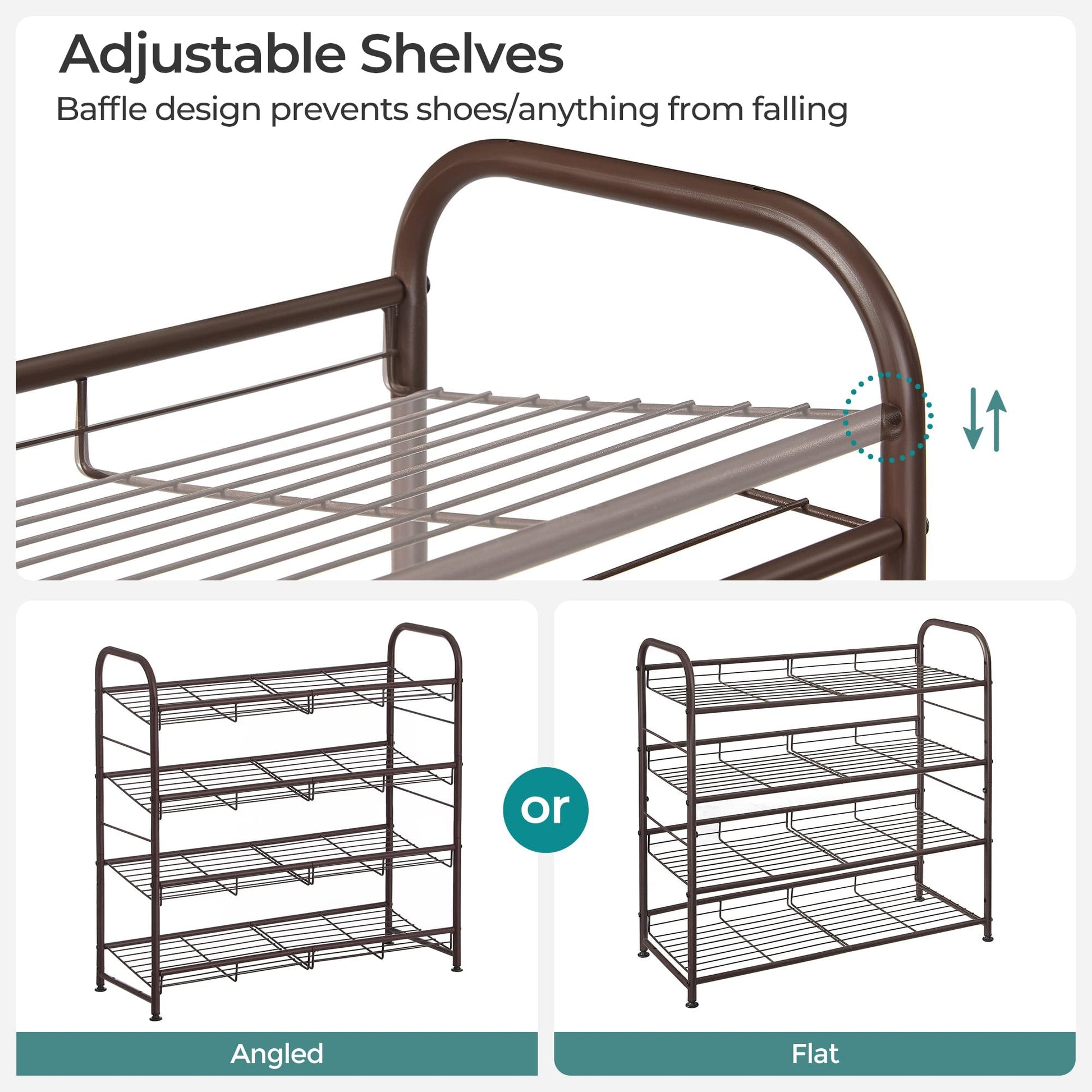 SONGMICS Stackable Shoe Rack, 4 Tier Metal Shoes Rack Storage Shelf, Holds up to 20 Pairs Shoes, Adjustable Slanted Shelves Tower Organizer for Closet Entryway Small Spaces, Bronze