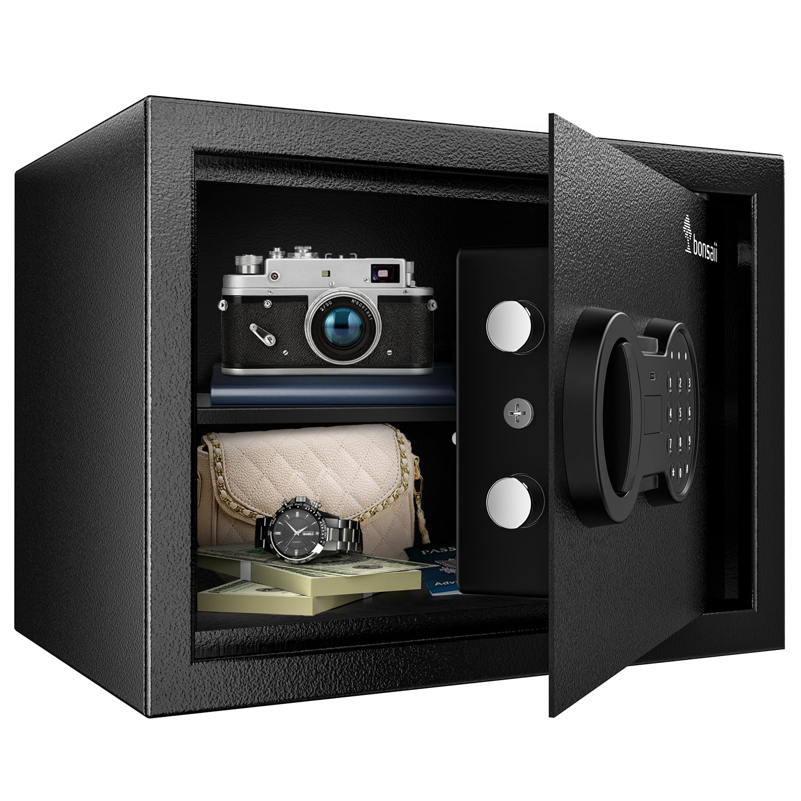 Bonsaii Safe, 0,6 Kubikfuß Safebox mit elektronischem Tastenfeld, herausnehmbarem Regal, für Wertsachen, Schmuck und Dokumente zu Hause, im Hotel oder Geschäft, 24,99 x 35,00 x 24,99 cm, SF002