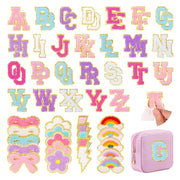 72 Pcs Preppy Chenille Patches Self Adhesive Embroidered for DIY Clothing,Include 52 A-Z Chenille Letter Patches Stickers,20 Rainbow Flower Lighting Bowknot Stick on Patches for Bags Backpacks Hats