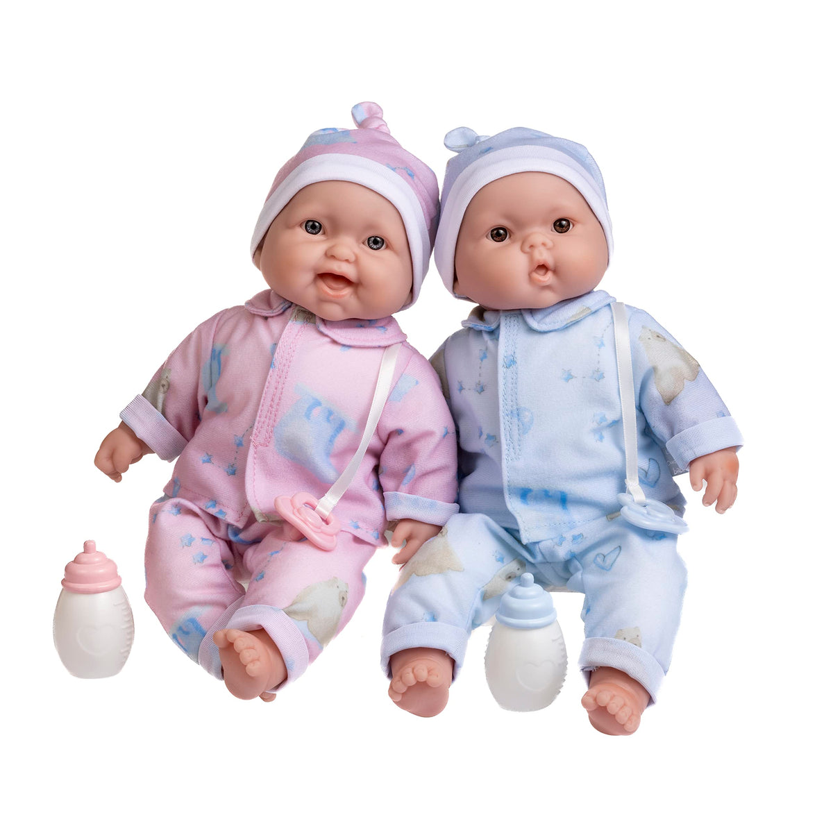 JC Toys Zwillinge 33 cm realistische Weichkörper-Babypuppen Berenguer Boutique | Zwillinge Geschenkset mit abnehmbaren Outfits und Zubehör | Rosa und Blau | Kaukasisch | Alter 2+