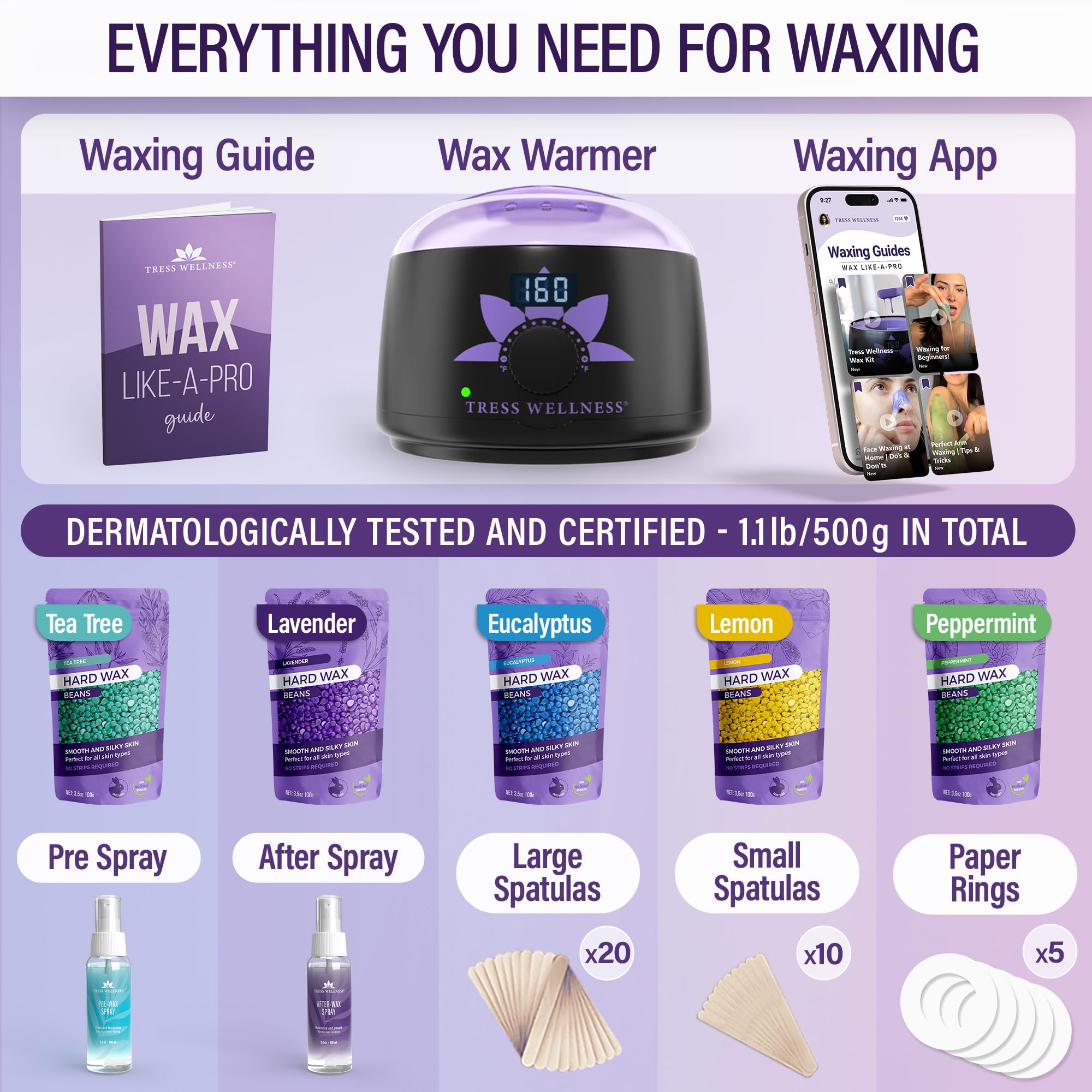 Tress Wellness Waxing Kit for Sensitive Skin, Safe for Face & Skin, Prep & Aftercare Spray, Easy to Use, At-Home Kit for Face, Bikini, Brazilian & Full Body - Digital Display, Black Purple Flower
