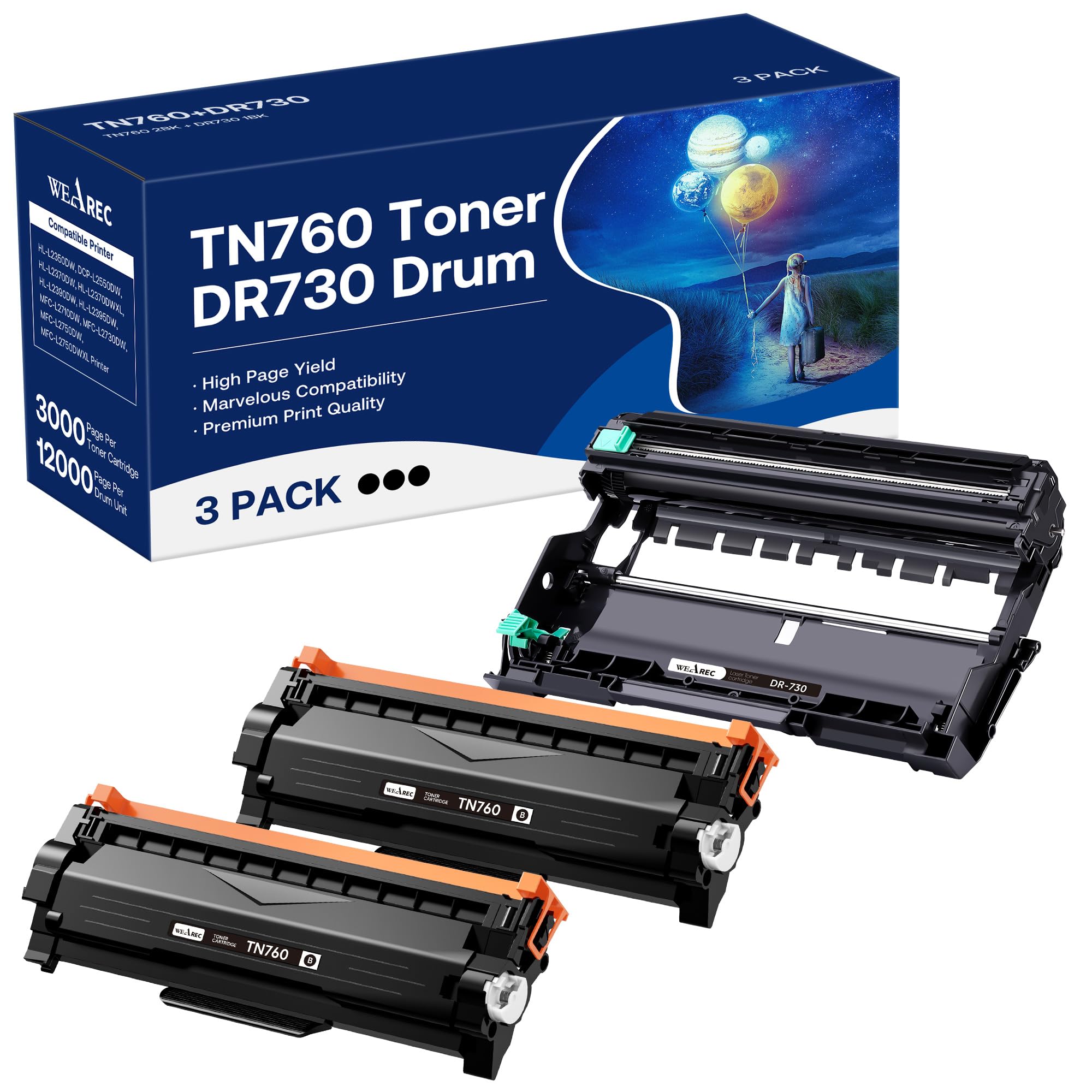 WEAREC TN760 Toner Cartridge and DR730 Drum Unit Replacement for Brother TN-760 TN730 DR730 DR 730 Work with DCP-L2550DW HL-L2350DW HL-L2390DW HL-L2395DW Printer (2 Toners, 1 Drum Unit, 3Pack)