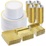 BESTVIP 600PCS Gold Dinnerware Set for 100 Guests, Plastic Plates for Party, 100 Gold Disposable Plates, 100 Dessert Plates, 100 Cups, 100 Spoons, 100 Forks and 100 Knives
