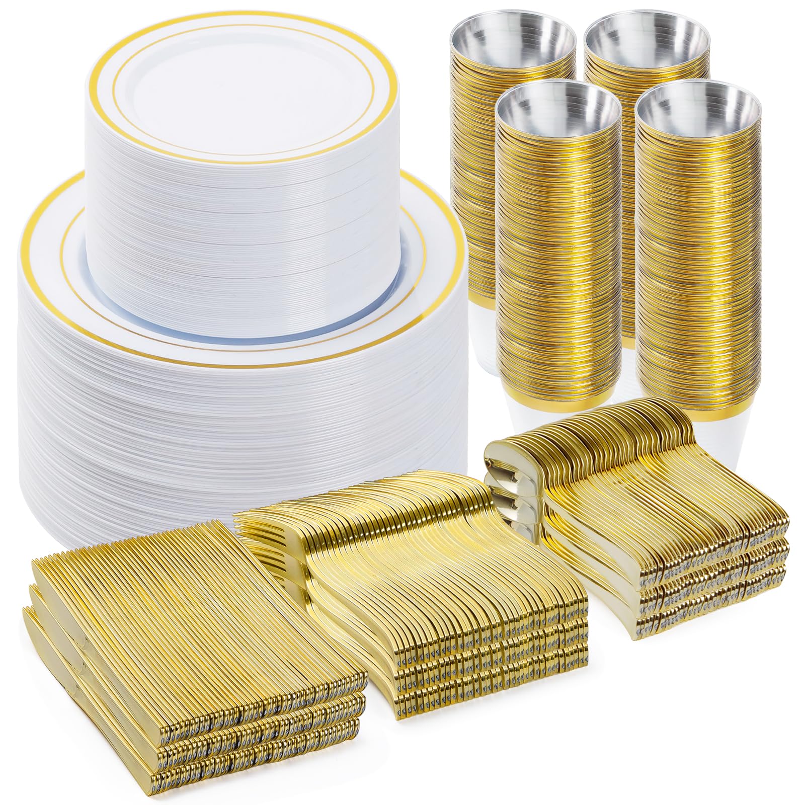 BESTVIP 600PCS Gold Dinnerware Set for 100 Guests, Plastic Plates for Party, 100 Gold Disposable Plates, 100 Dessert Plates, 100 Cups, 100 Spoons, 100 Forks and 100 Knives