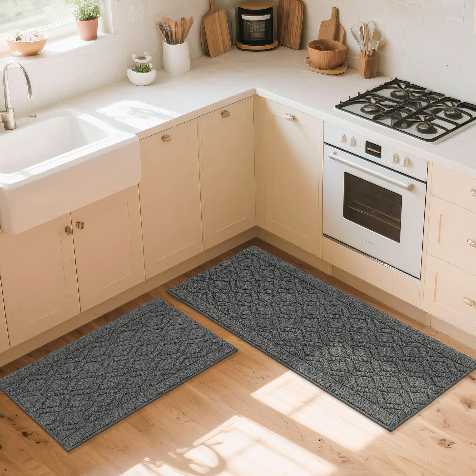 COSY HOMEER 48x20 Inch/30X20 Inch Kitchen Rug Mats Made of 100% Polypropylene 2 Pieces Soft Kitchen Mat Specialized in Anti Slippery and Machine Washable (Grey)
