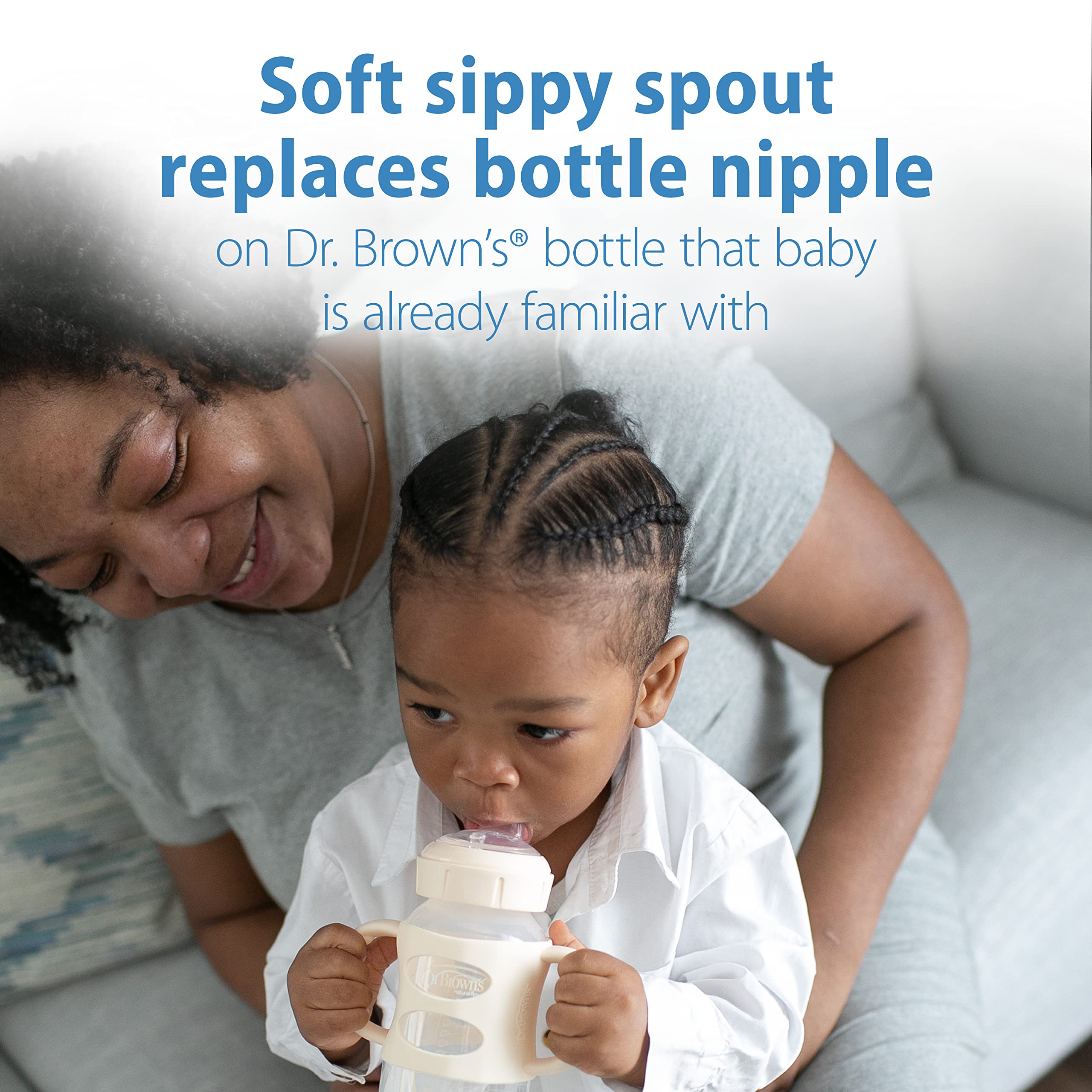 Dr. Brown's Milestones Wide-Neck Sippy Spout Bottle with 100% Silicone Handles, Easy-Grip Handles with Soft Sippy Spout, 9oz/270mL, Light-Pink & Ecru, 2-Pack, 6m+
