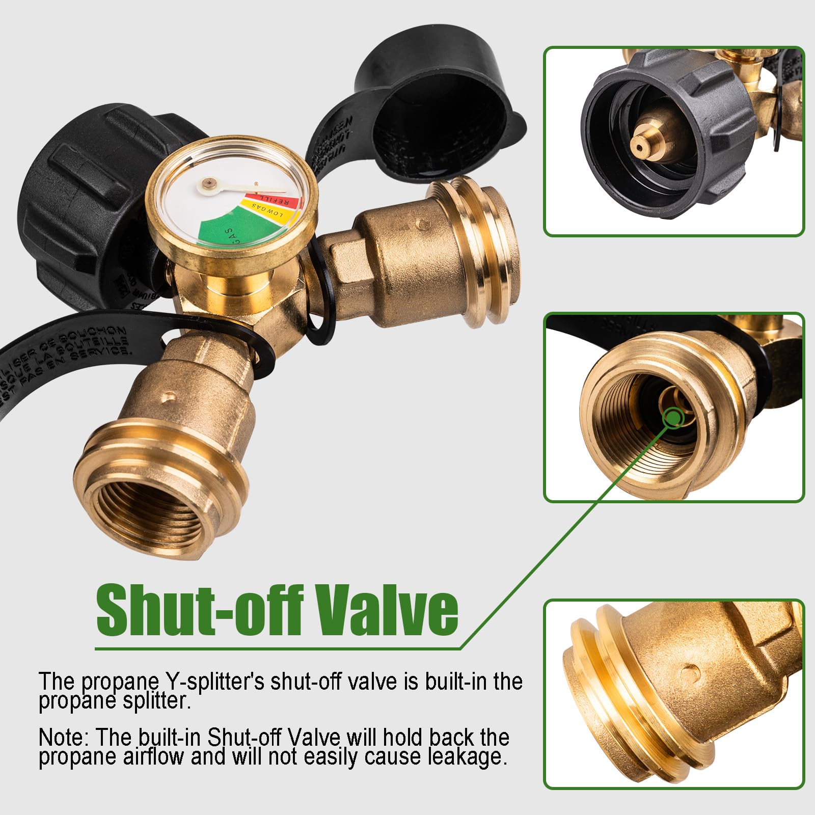 Propane Tank Splitter with Gauge, Propane Splitter 2 Way, Propane Y Splitter Adapter with Shut Off Valve, Propane Hose Splitter Manifold for Camping Stoves, Heater, BBQ Grills, Gas Burners and More