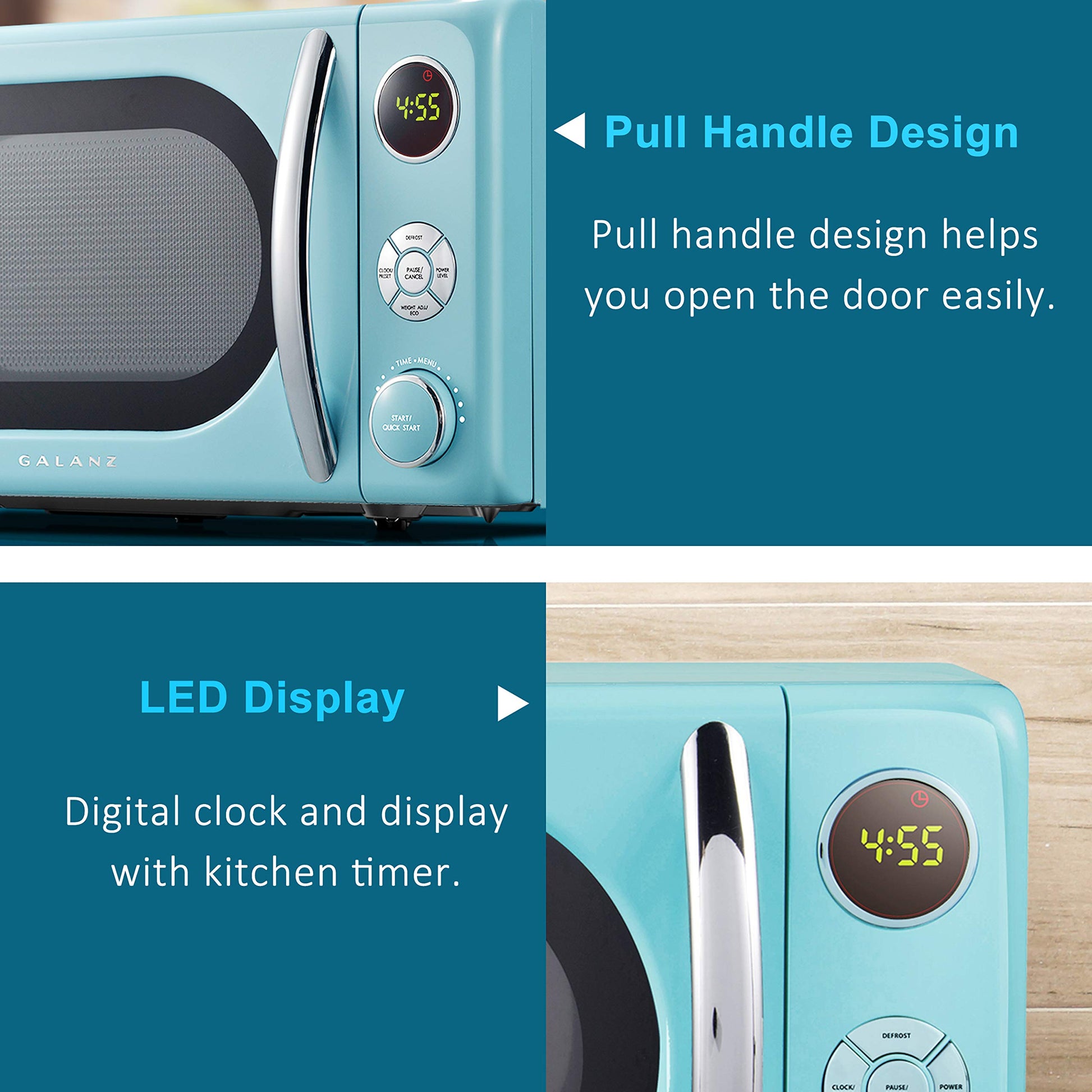 Galanz GLCMKA07BER-07 Retro Microwave Oven, LED Lighting, Pull Handle Design, Child Lock, Bebop Blue, 0.7 cu ft
