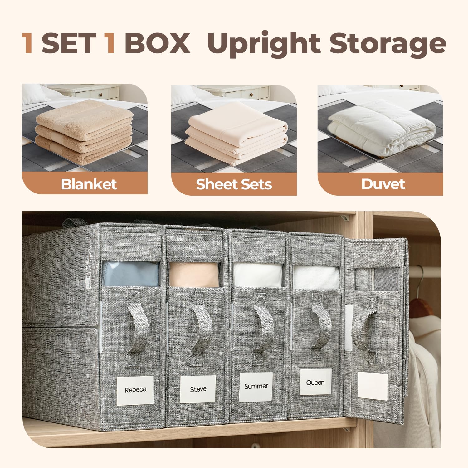 ZenStorage 6Pack Sheet Organizers for Linen Closet - King/Queen Size Bedding Storage Boxes with Clear Window | Foldable, Dustproof Linen Organizer for Blankets & Sheet Sets,Grey