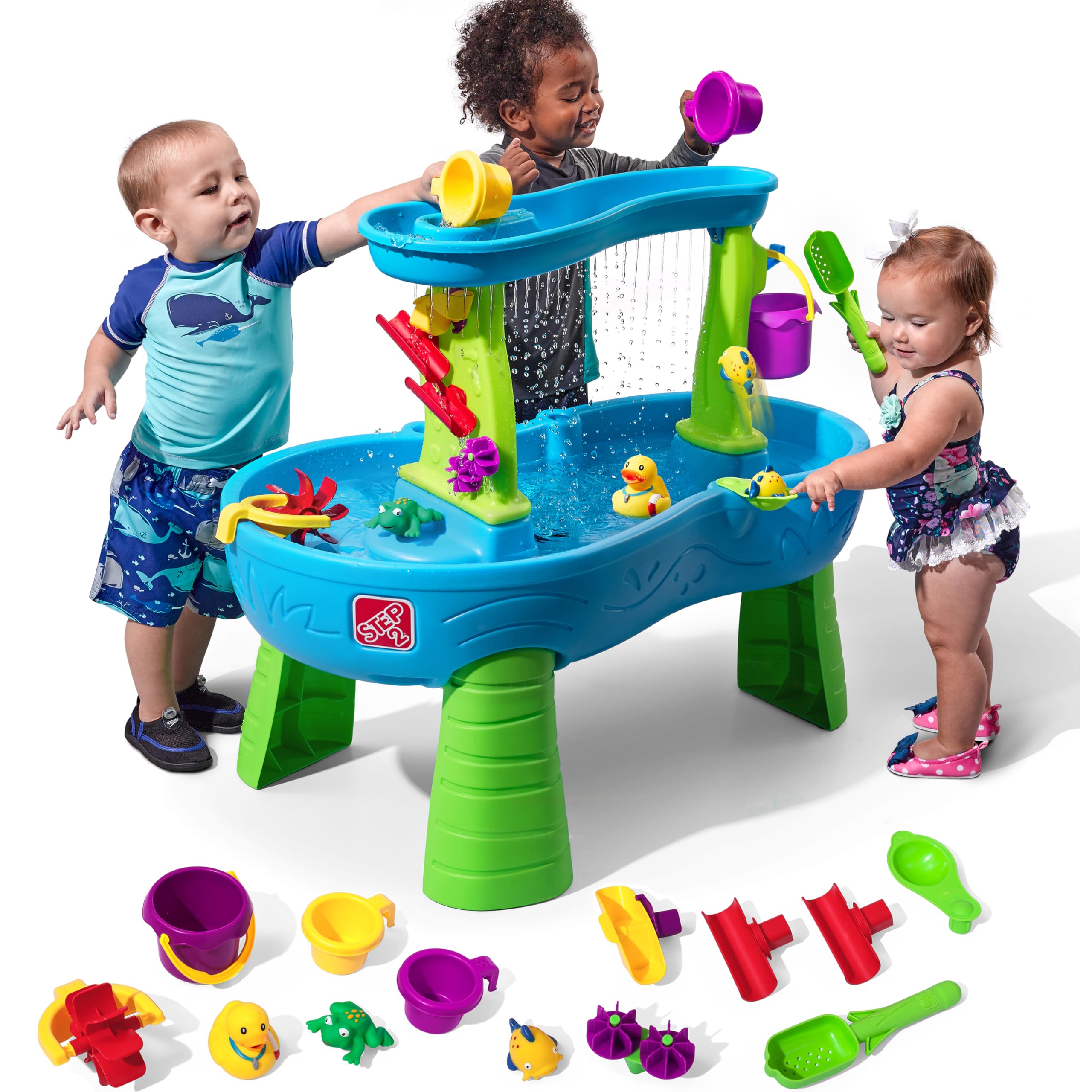 Step2 Rain Showers Splash Pond Water Table, Kids Water and Sand Activity Sensory Playset, Summer Outdoor Toys, 13 Piece Water Toy Accessories, For Toddlers 1.5+ Years Old, Blue & Green