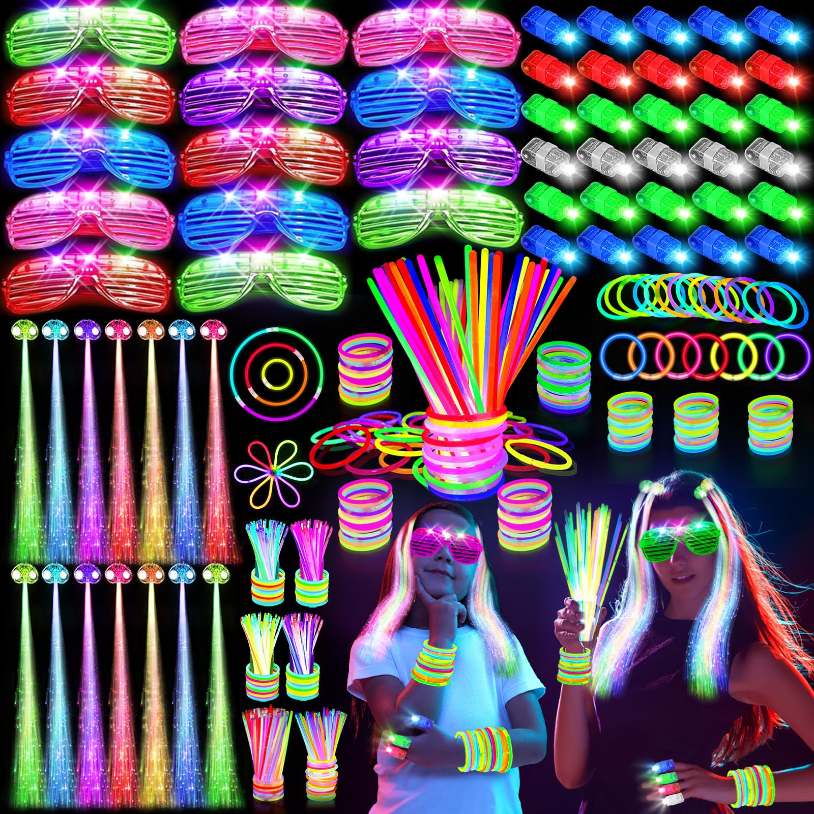 SHQDD 158 PCS Glow in the Dark Halloween Party Supplies, 14PCS LED Glasses, 30LED Finger Lights, 14LED Light Hairs and 100PCS Glow Sticks Bracelets, Neon Party Favors for Wedding,Concert, Birthday