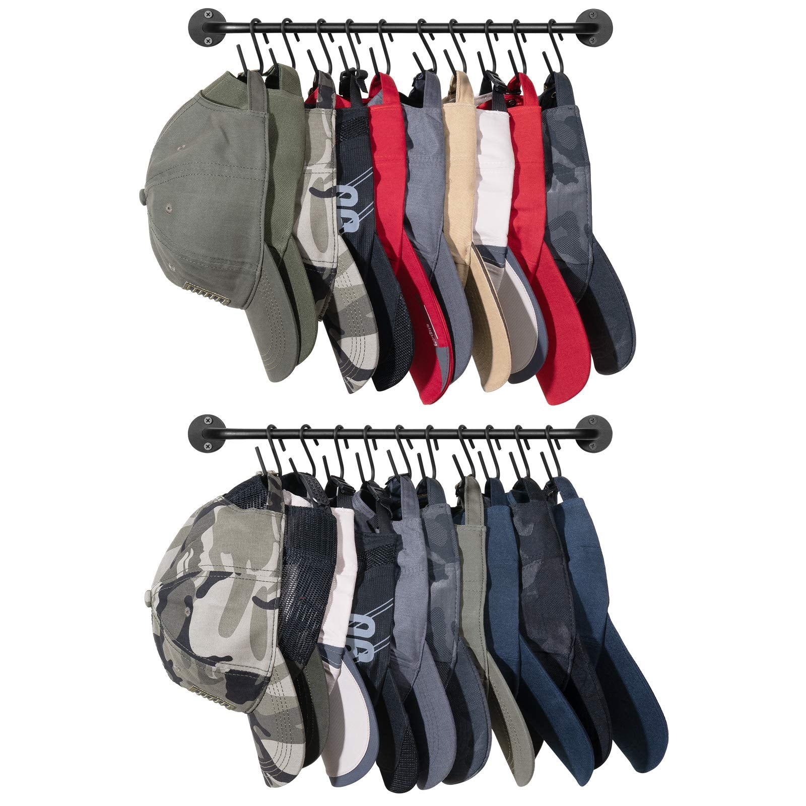 Mkono Wandhutablage Baseballmützen-Organizer-Aufhänger mit 20 Haken, moderner Metallhuthalter, Wandmontage für Mützen, Display für Kleiderschranktür, Schlafzimmer, Eingangsbereich, Waschküche, 2er-Set Schwarz