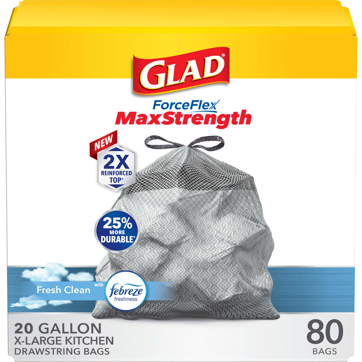 Glad ForceFlex MaxStrength Kitchen Trash Bags, 20 Gal, Fresh Clean Febreze, 80 Ct (Package May Vary)