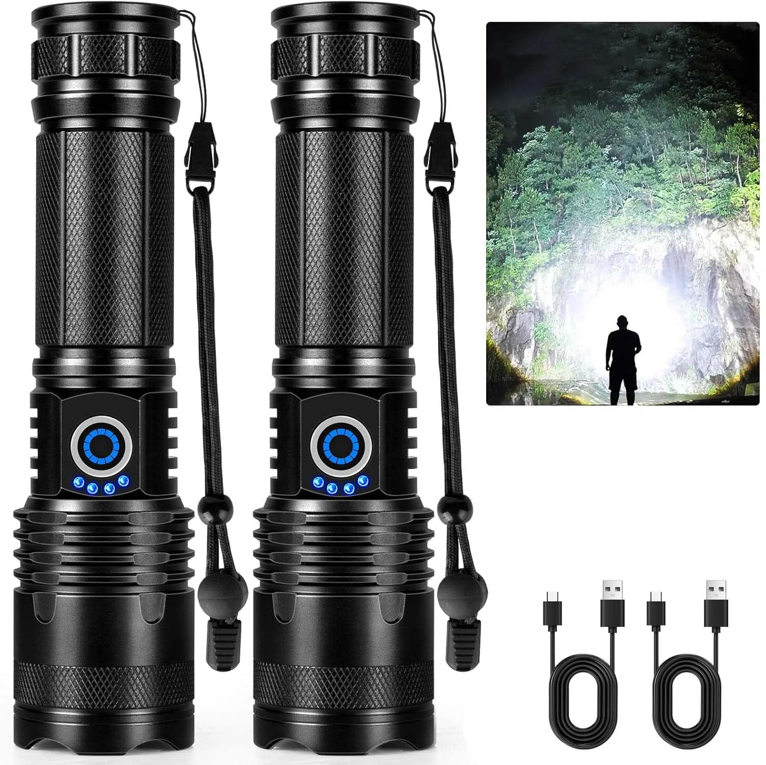 Wiederaufladbare LED-Taschenlampen Hohe Lumen, 90.000 Lumen Superhelle Taschenlampen mit 5 Modi, Wasserdichte Leistungsstarke Taschenlampe Multifunktionale Taschenlampen für Zuhause Camping Wandern (2 Stück)