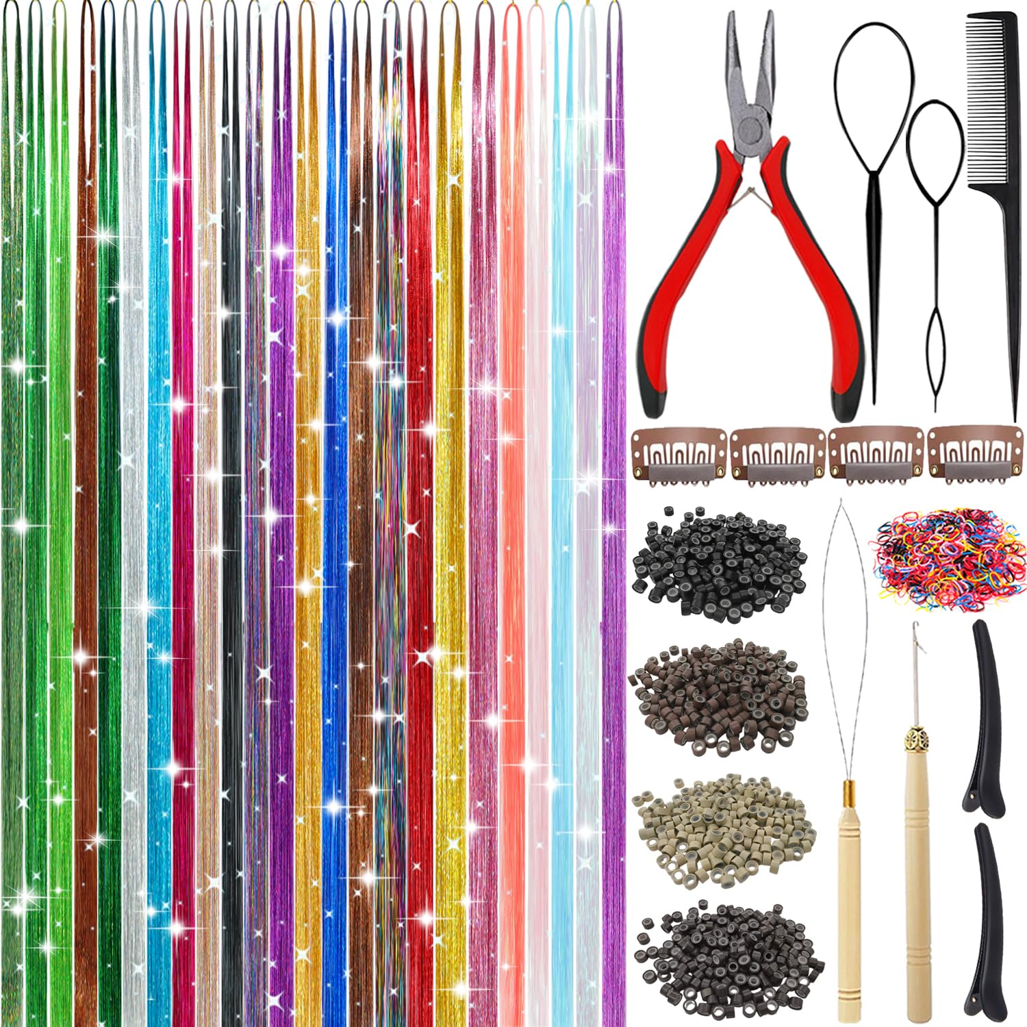 Aouuhe Hair Tinsel 24 Colors 7800 Strands Hair Tinsel Kit with Tools 48 Inch Glitter Tinsel Hair Extensions Festive Party Fairy Hair Tinsel Kit for Women Girls Hair Accessories