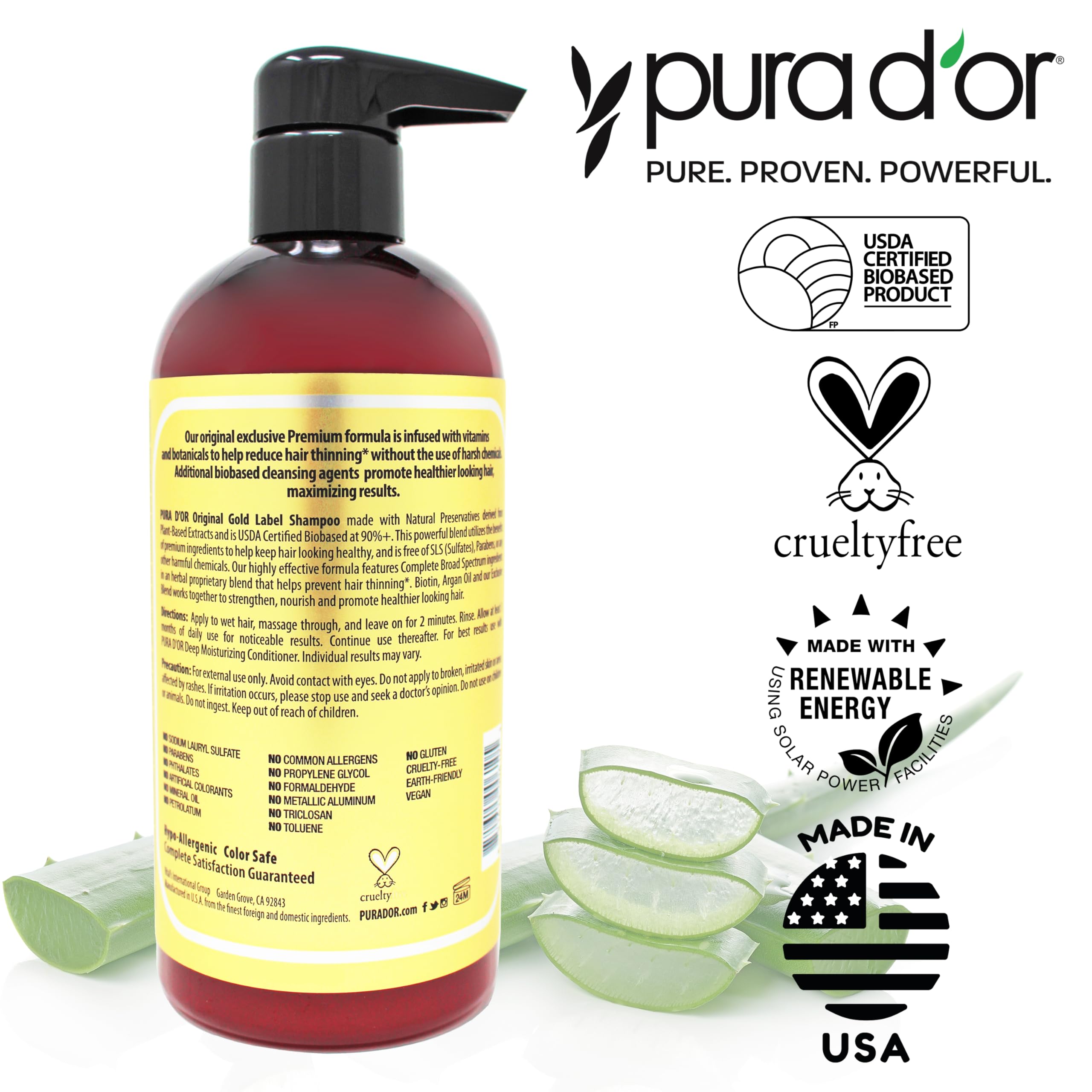 PURA D'OR Original Gold Label Anti-Thinning Shampoo Clinically Tested, Infused with Argan Oil, Biotin & Natural Ingredients, Sulfate Free, All Hair Types, Men and Women, 16 Fl Oz (Packaging may vary)
