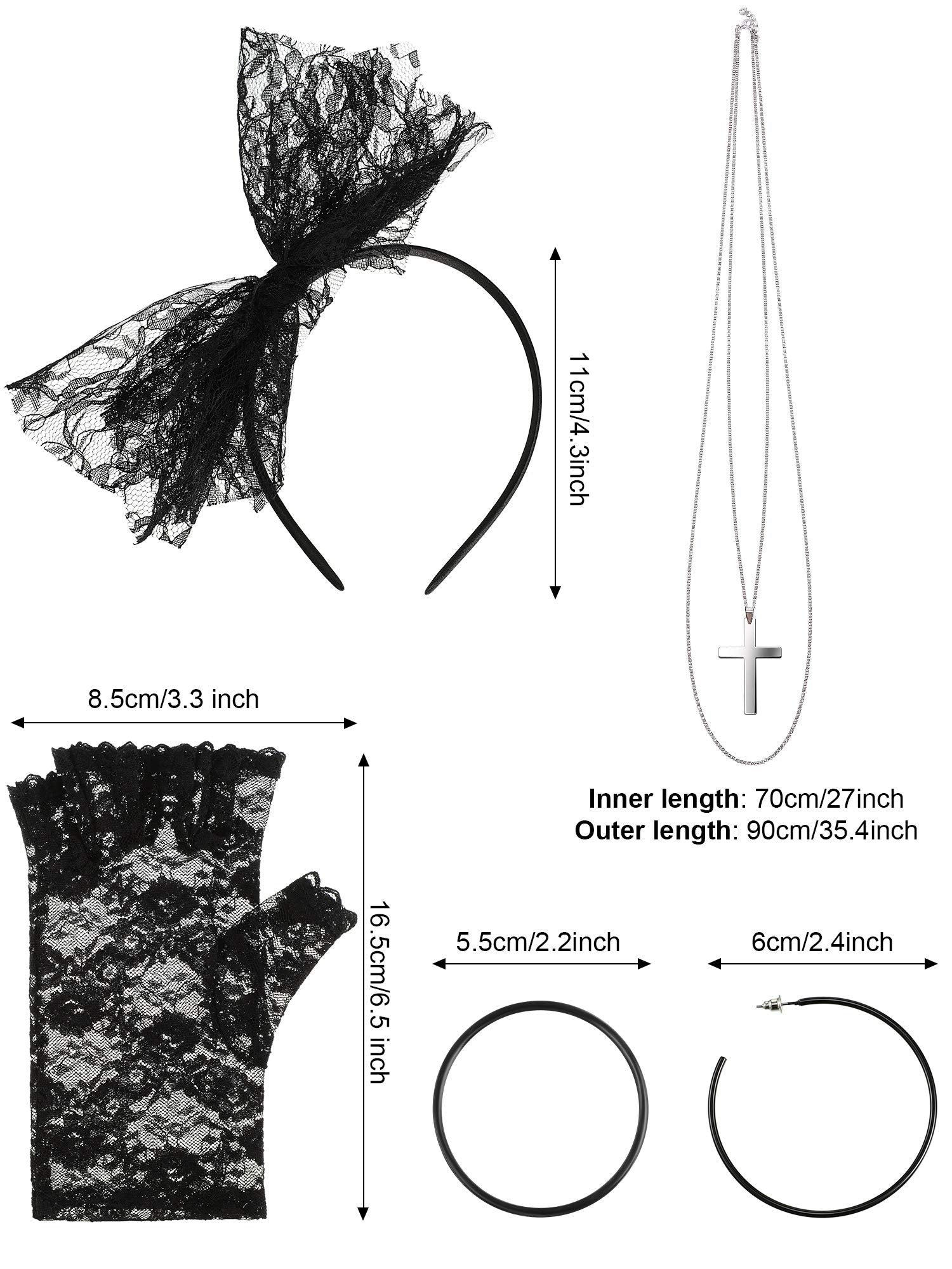 Blulu 80s Fancy Dress Costume Accessories Lace Headband Earrings Fishnet Gloves Necklace Bracelet for 80s Retro Party (Black)
