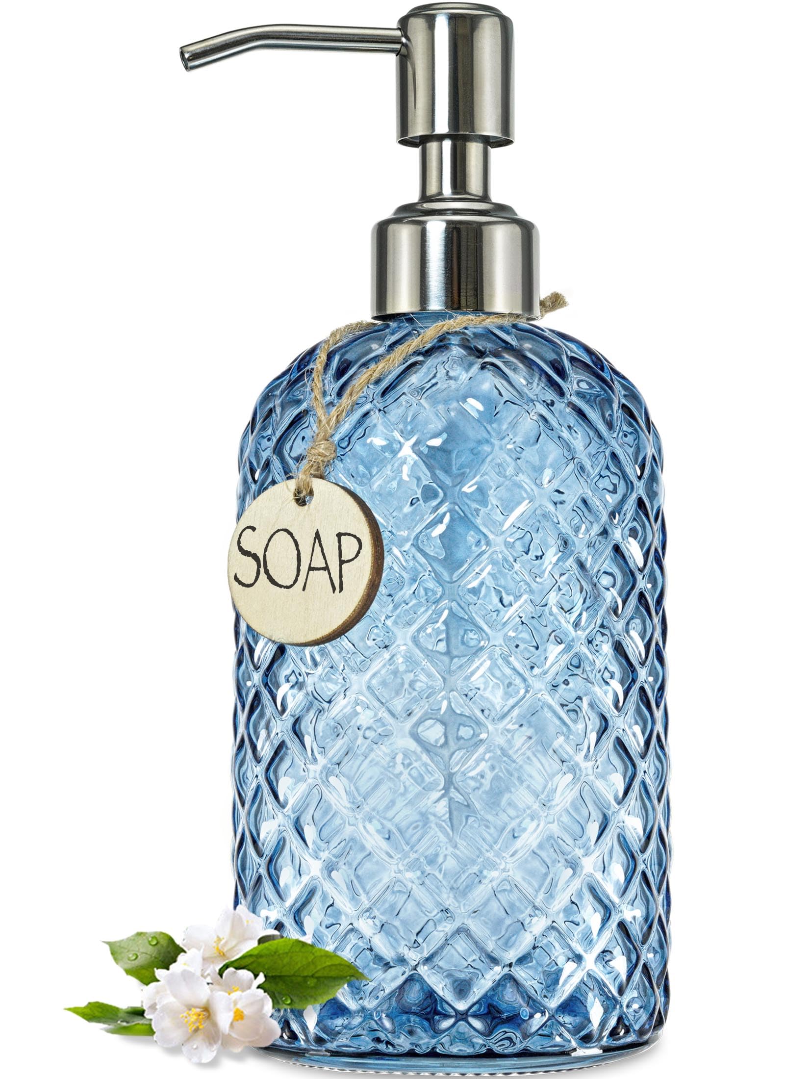 JASAI 18Oz Gem Patterned Glass Soap Dispenser for Kitchen, Refillable Hand soap Dispenser with Rust Proof Stainless Steel Pump, Clear Soap Dispenser Bathroom for Dish Soap, Hand soap, Lotion(Blue)