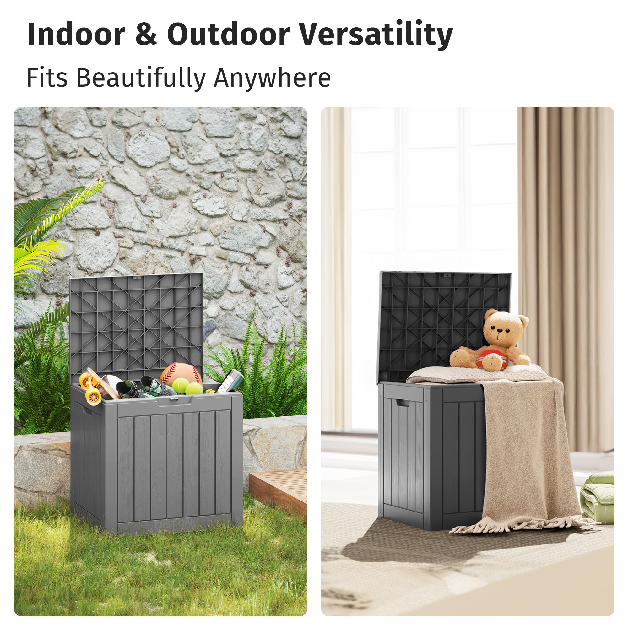 EAST OAK Outdoor Storage Box, 31 Gallon Deck Box Indoor and Outdoor Use, Waterproof Resin Storage Bin for Package Delivery, Patio Cushions, Gardening Tools, Lockable, UV Resistant, Grey