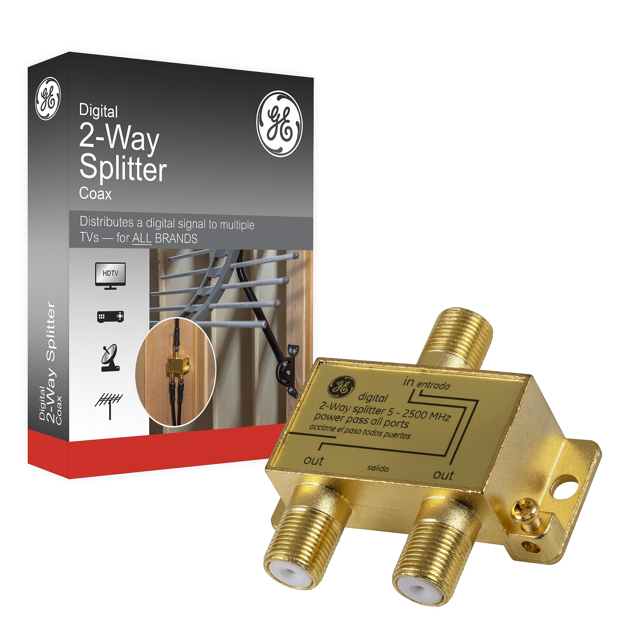 GE Digital موزع كابل متحد المحور ثنائي الاتجاه، 2.5 جيجاهرتز 5-2500 ميجاهرتز، متوافق مع RG6، يعمل مع التلفزيون عالي الدقة، الأقمار الصناعية، الإنترنت عالي السرعة، مكبر الصوت، الهوائي، موصلات مطلية بالذهب، مقاوم للتآكل، 33526