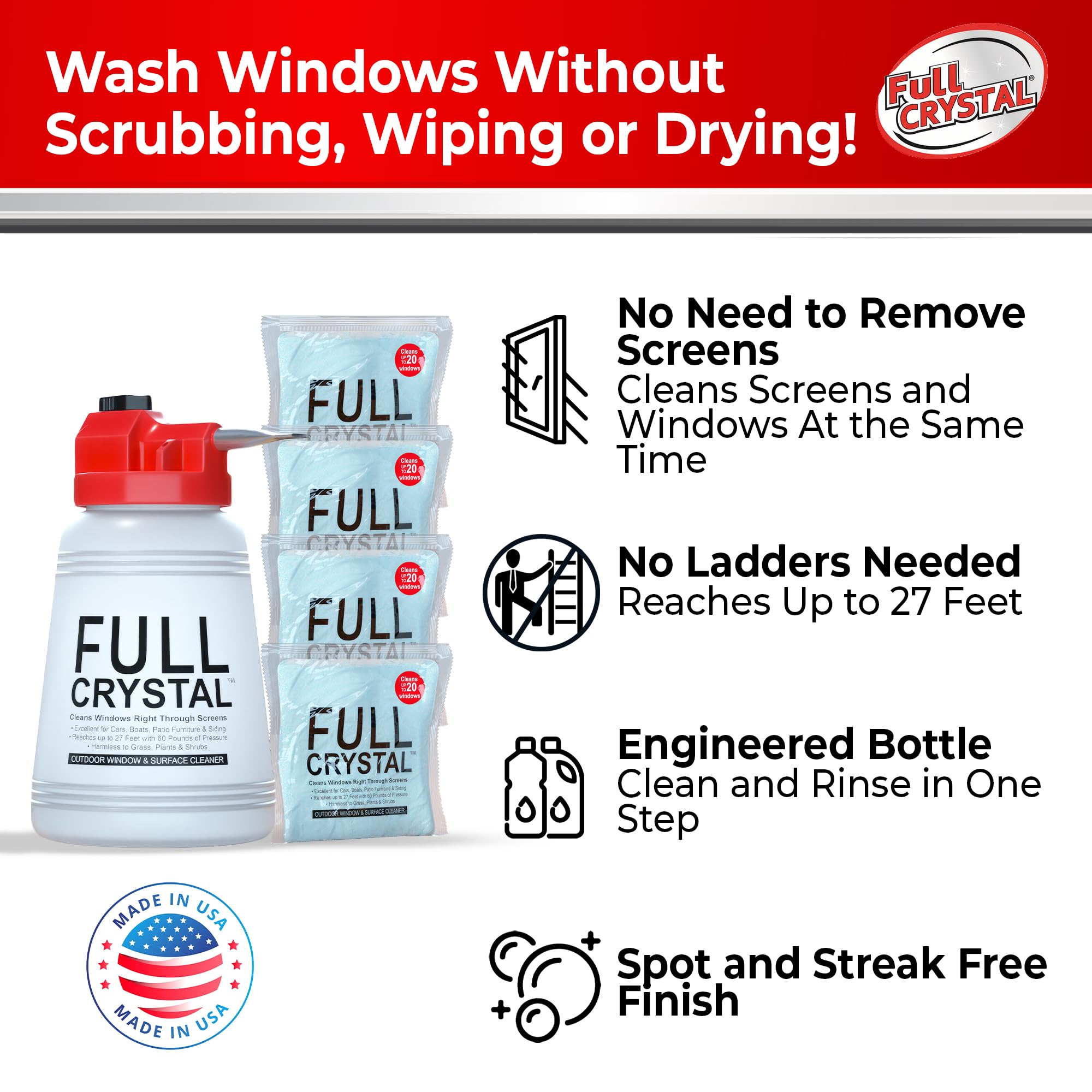 Full Crystal Window Cleaning Kit- 16 oz Glass Cleaner and Bottle with 27ft Reach will clean up to 80 Windows- Scrub Free, Rinse Free Glass Cleaner Spray Removes Dirt, Grime and Water Deposits