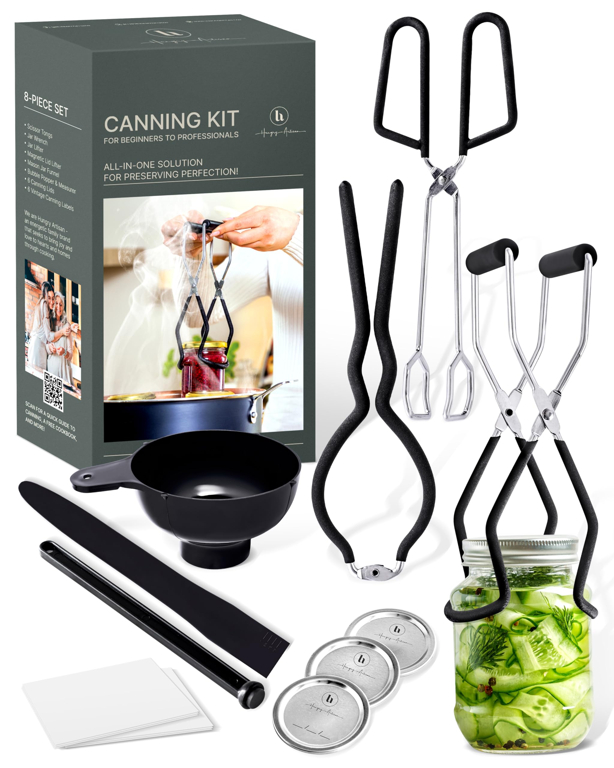 Canning Supplies Set of 8 - Canning Kit for Beginners - Complete Home Canners Equipment - Mason Jar Lifter, Funnel & Wrench, Tongs, Bubble Popper, Magnetic Lid Lifter, Canning Labels & Lids