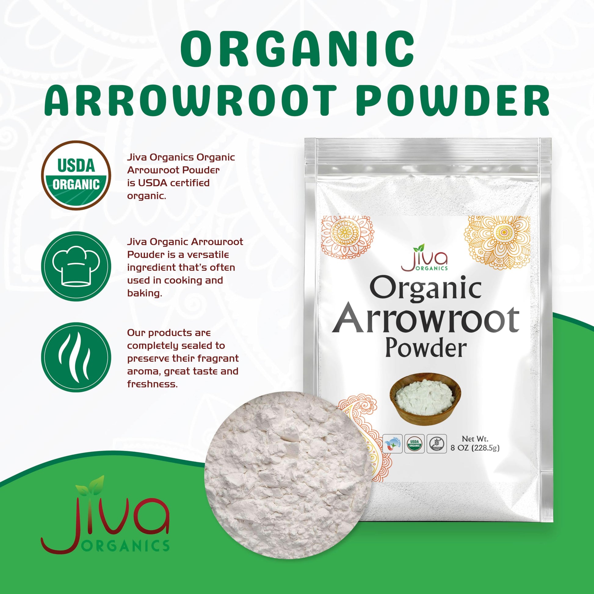 Jiva Organics Organic Arrowroot Flour (Powder) 8 Ounce Bag - Raw, Non-GMO, Gluten Free