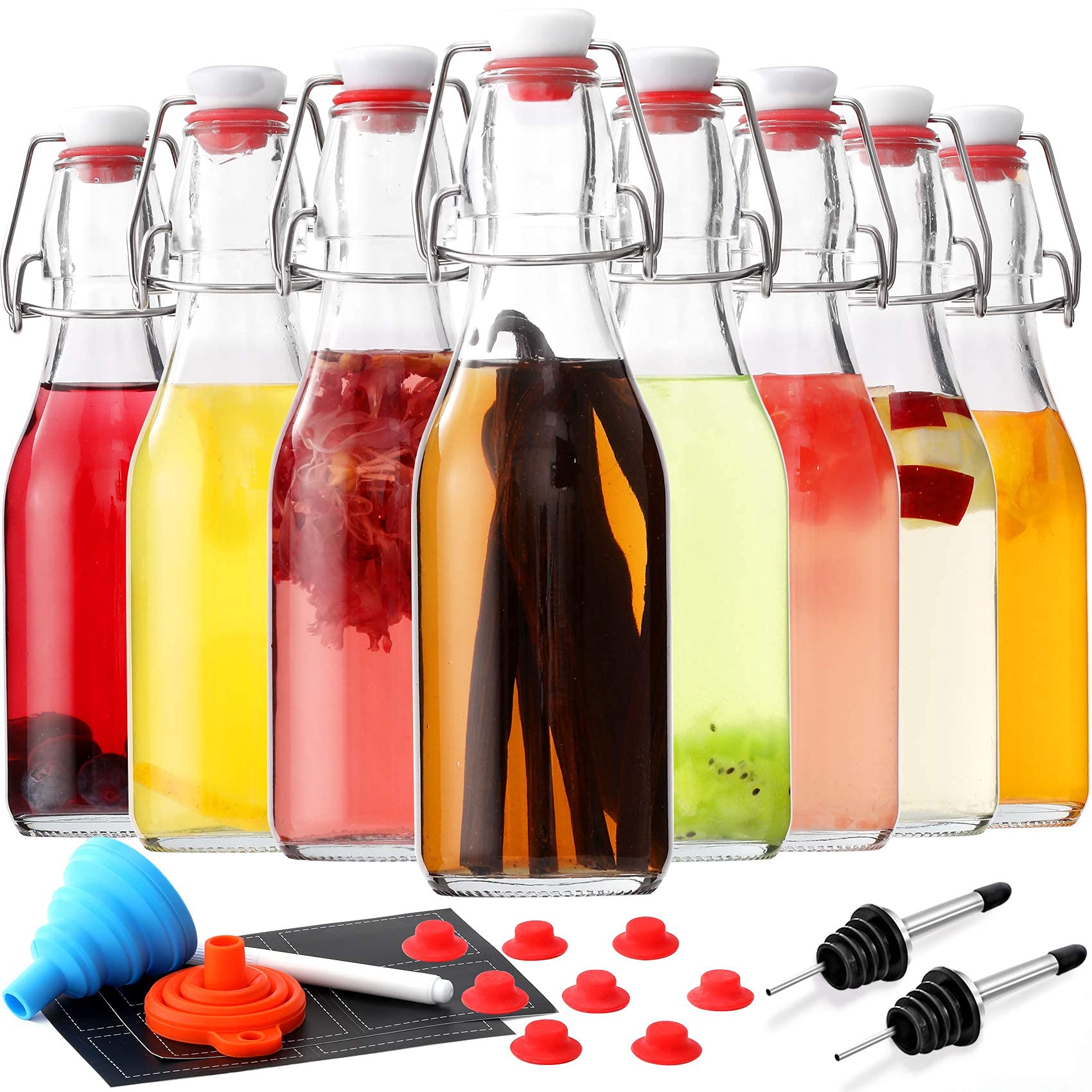 8er-Pack 250ml Bügelverschluss-Glasflaschen, Bügelverschluss-Bierbrauerflasche für Fermentation, Kombucha, Kefir, Vanilleextrakt, Coquito, Saft, Limonade, Tee – luftdichter Verschlussdeckel, inklusive 2 Flaschenausgießer