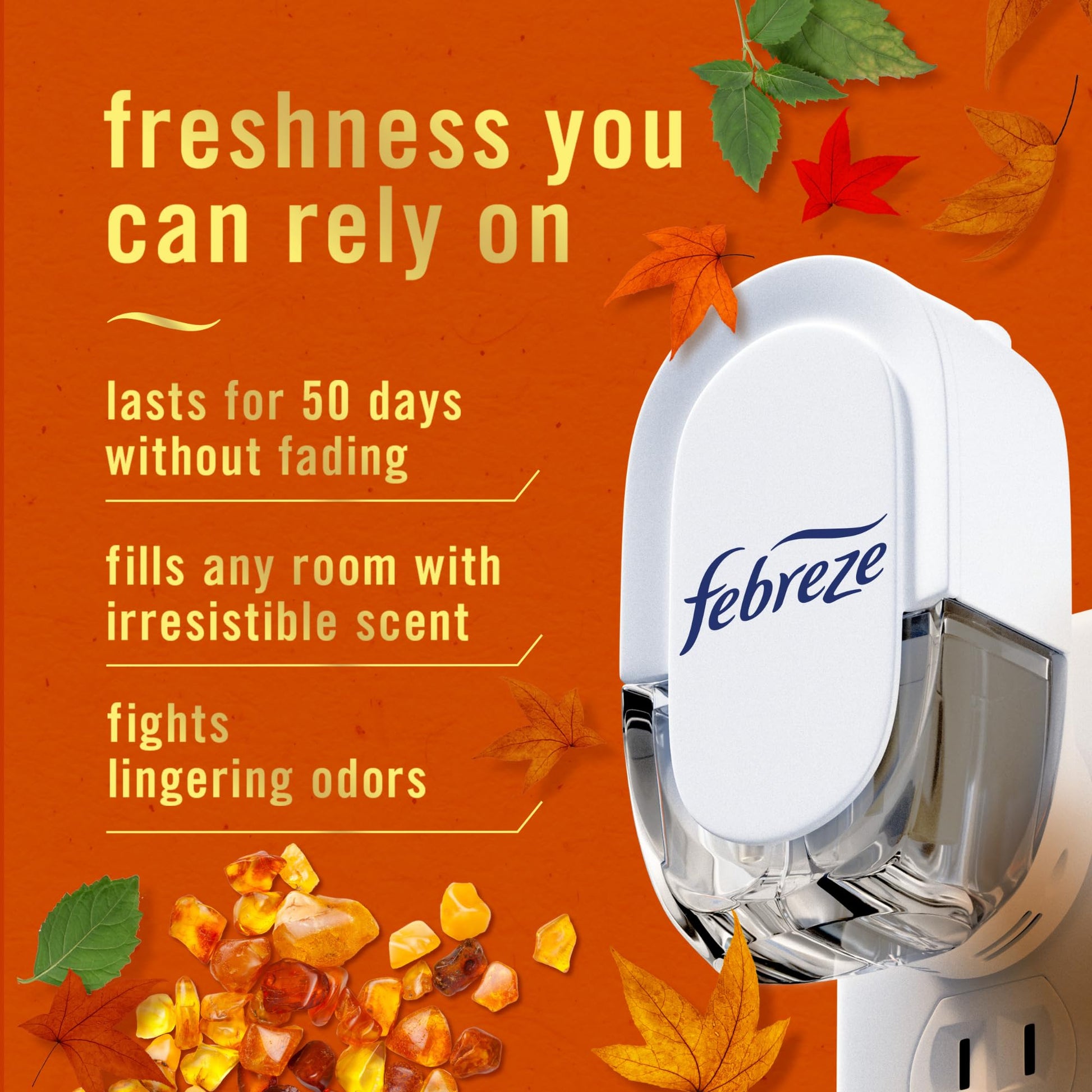 Febreze Plug In Air Freshener, Odor-Fighting Scented Oil Refill, Air Fresheners for Home and Bathroom and Kitchen, Long Lasting for Strong Odors, Crisp Fall Breeze Scent, 0.87oz Refills, 2 Count