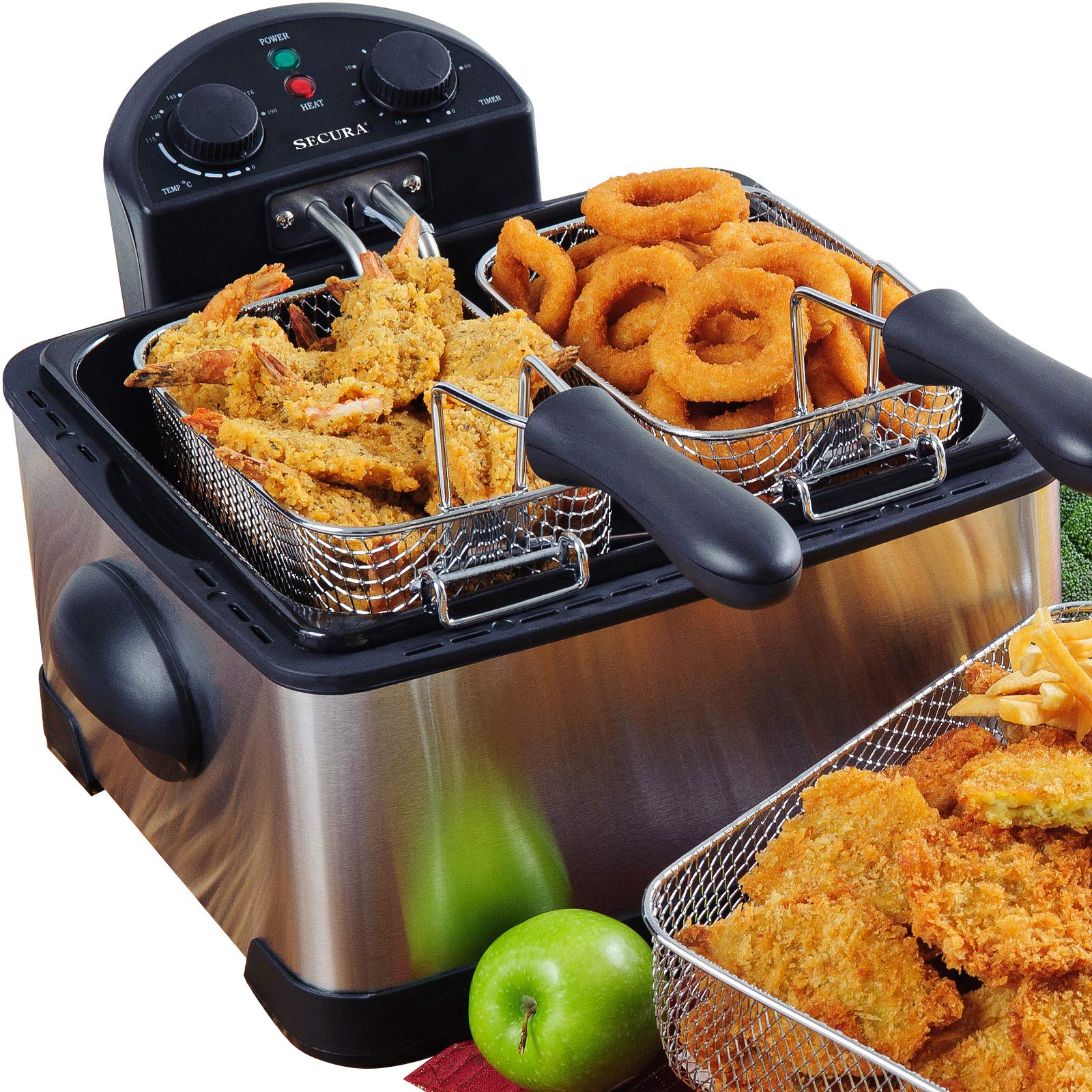 Secura 1700-Watt Edelstahl-Fritteuse mit Dreifachkorb und Timer, inklusive zusätzlichem Geruchsfilter, 4L/17-Tassen, Silber