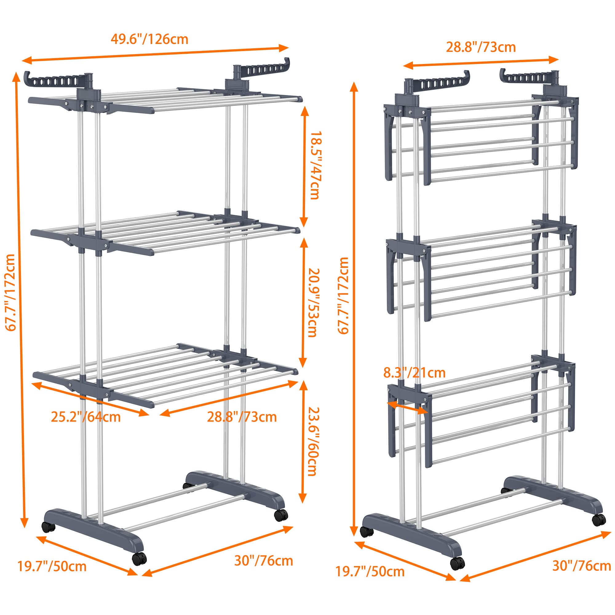HOMIDEC Clothes Drying Rack, Oversized 4-Tier(67.7" High) Foldable Stainless Steel Drying Rack Clothing, Movable Drying Rack with 4 castors, 24 Drying Poles and 14 Hooks for Bed Linen, Clothing, Grey
