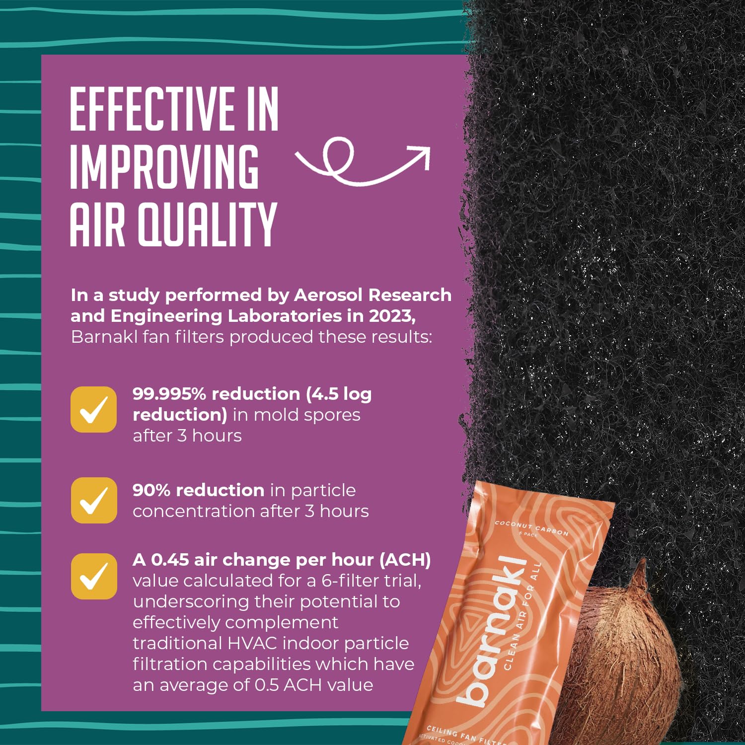 Barnakl Ceiling Fan Filters | Activated Coconut Shell Carbon Ceiling Fan Blade Filters for Common Household Contaminants | Easy-Stick Universal Fit, Unscented (5-Count)