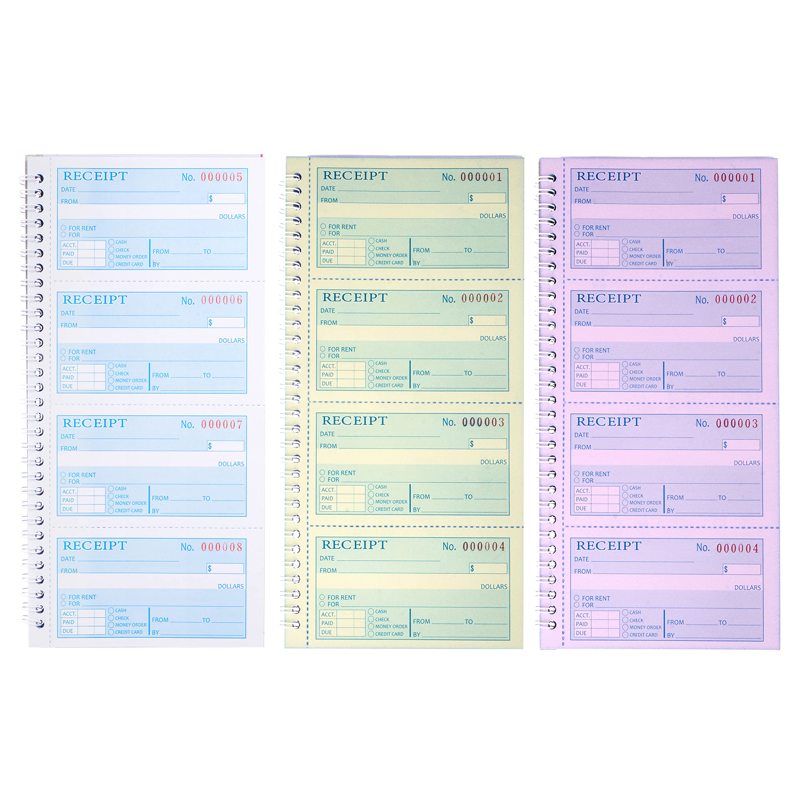 Receipt Books with Carbon Copies,Money and Rent Receipt Book,3-Part Carbonless,5.31" x 11.22",Receipt Book for Small Business,Blue,Yellow and Pink Copy,100 Sets Per Book
