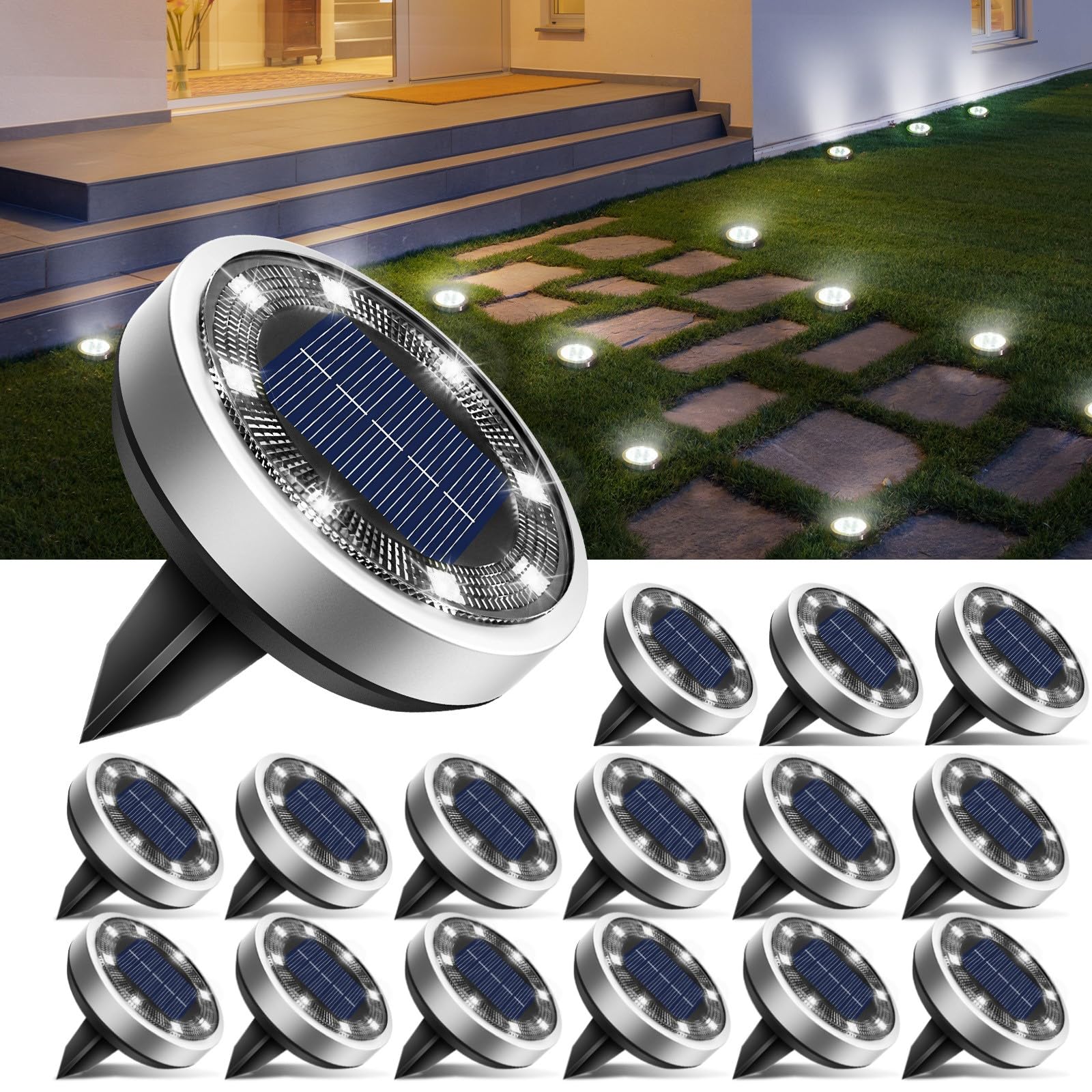 btfarm 16er-Pack Solar-Bodenleuchten für den Außenbereich, 8 LED Solar-Scheinwerfer IP65 Wasserdicht Flache Solarleuchte, Wegbeleuchtung Solarbetrieben für Garten, Rasen, Terrasse, Hof, Wege, Landschaft, Kaltweiß